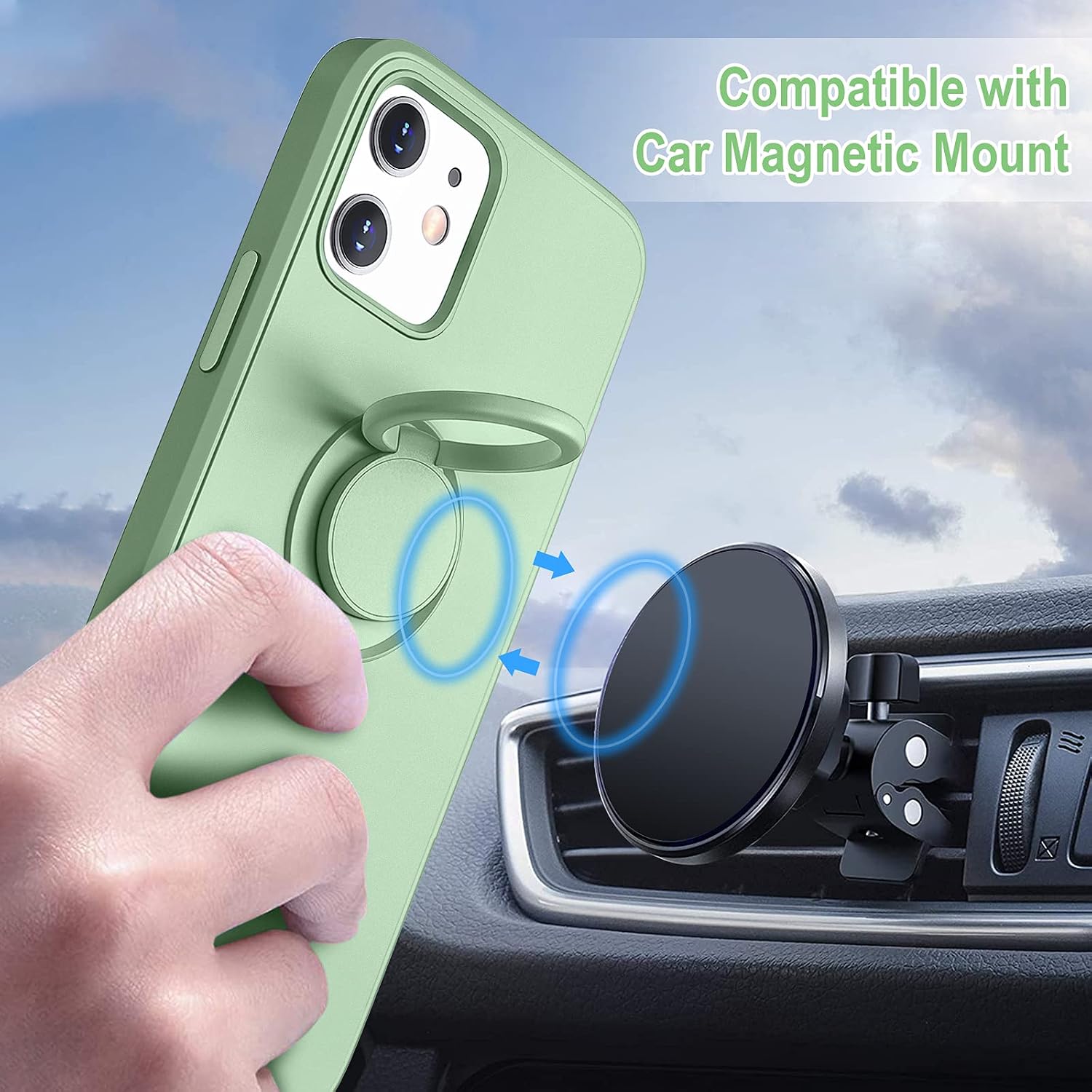 Hython Case for iPhone 12 Case & iPhone 12 Pro Case with Ring Stand, 360° Rotatable Ring Holder Magnetic Kickstand, Shockproof Rubber Protective Phone Case Cover Inner Microfiber Lining, Matcha Green