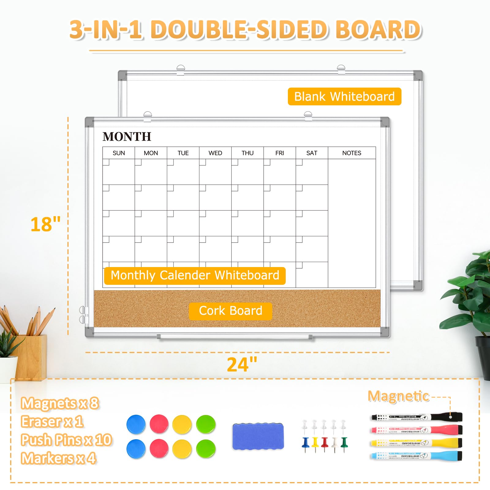 Dry Erase Calendar Whiteboard for Wall, 24"x18" Magnetic Monthly White Board Cork Board Combo, Double Sided, Aluminum Frame, Wall Hanging Wipe Board for Home, Office, School, Dorm