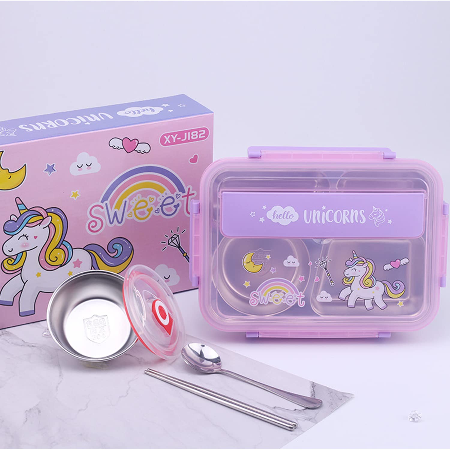 Kids Lunch Box with Tableware,Customed for Kids Cartoon Bento Lunch Box，1100ml 4 compartment Insulated Lunch Box for Children | Leakproof | BFA Free | Dishwasher | Stainless Steel 26x20x7cm (Unicorn)