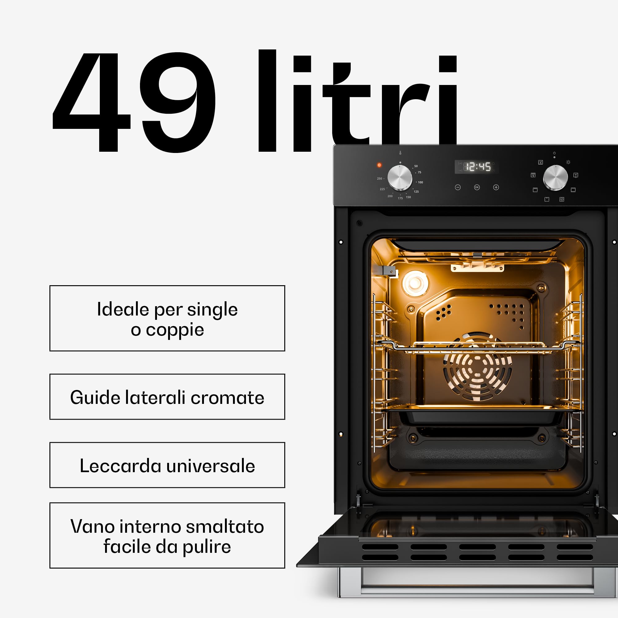 Klarstein Verosteel Forno da Incasso 45 cm - 49L, 8 Funzioni, Classe A, Timer, Doppio Vetro, Facile da Pulire, Acciaio Inox & Vetro Nero, Forno Elettrico Ventilato da Incasso