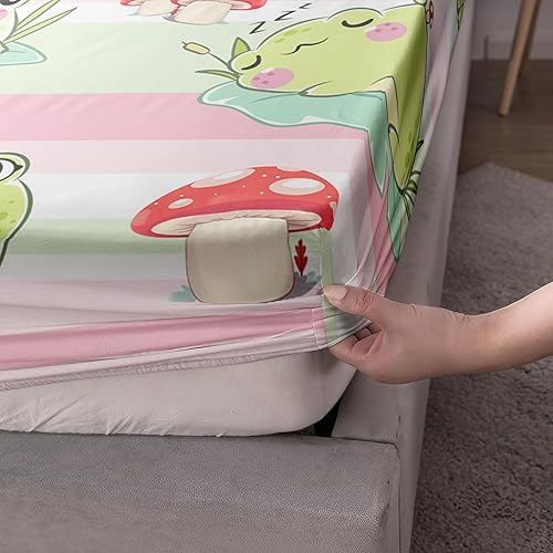 Miniatura 4 de AILONEN Juego de sábanas bajeras de rana de dibujos animados, tamaño matrimonial, juego de sábanas coloridas de hongos rojos para niños y niñas, 3