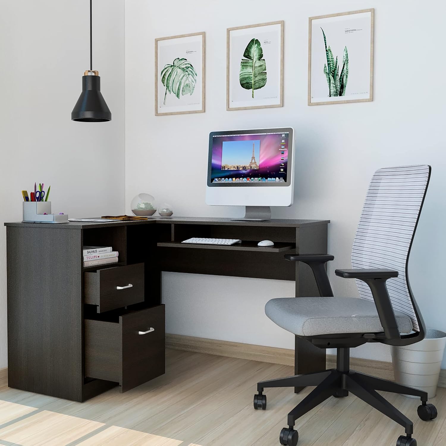 Similar Shaped Computer Desk with Storage Drawers, Keyboard Tray and Monitor Stand, Home Office Desks, Corner Desk, Study Table Writing Desk with Shelves, Easy Assemble, Black Wengue