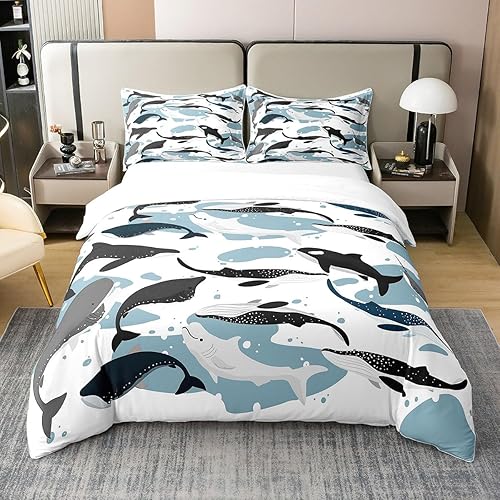 Funda de edredón de ballena 100% algodón, tamaño matrimonial, funda de edredón de vida marina para niños y niñas, funda de edredón Kawaii de