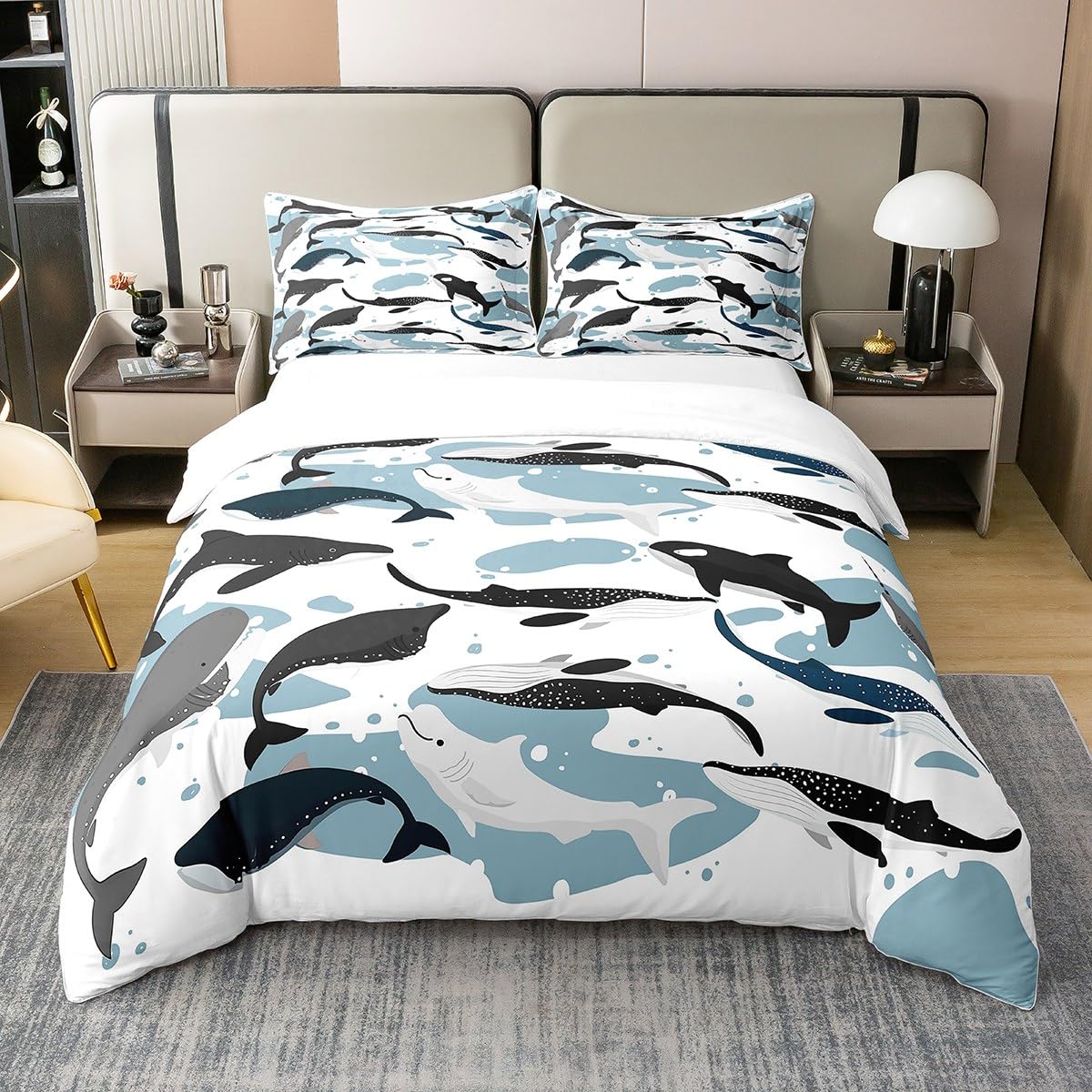 100% Cotton Whale Comforter Cover Queen, Marine Life Duvet Cover for Kids Boys Girls, Kawaii Cartoon Sea Animal Quilt Cover, Underwater Mammal Bedding Set, Dolphin Killer Whale Decor Bedspread Cover
