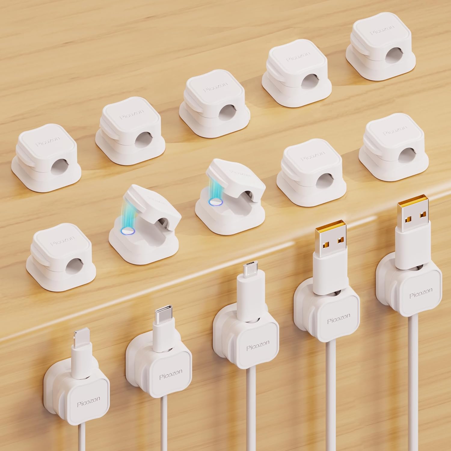 Picozon – Paquete de 15 soportes magnéticos para cables, organizador de cables adhesivos Picozon para teléfono, cargador USB, organizador para