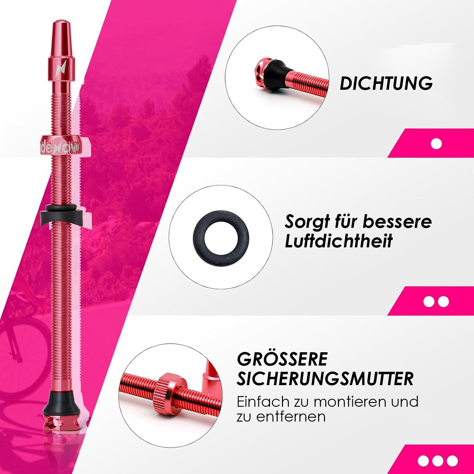 Set da 2 Valvole Tubeless Presta 45/65/85 mm in Alluminio 7075 con Nucleo Rimovibile, Valvole Eloxate Nero & Rosa | Per MTB, Gravel e Bici da Corsa