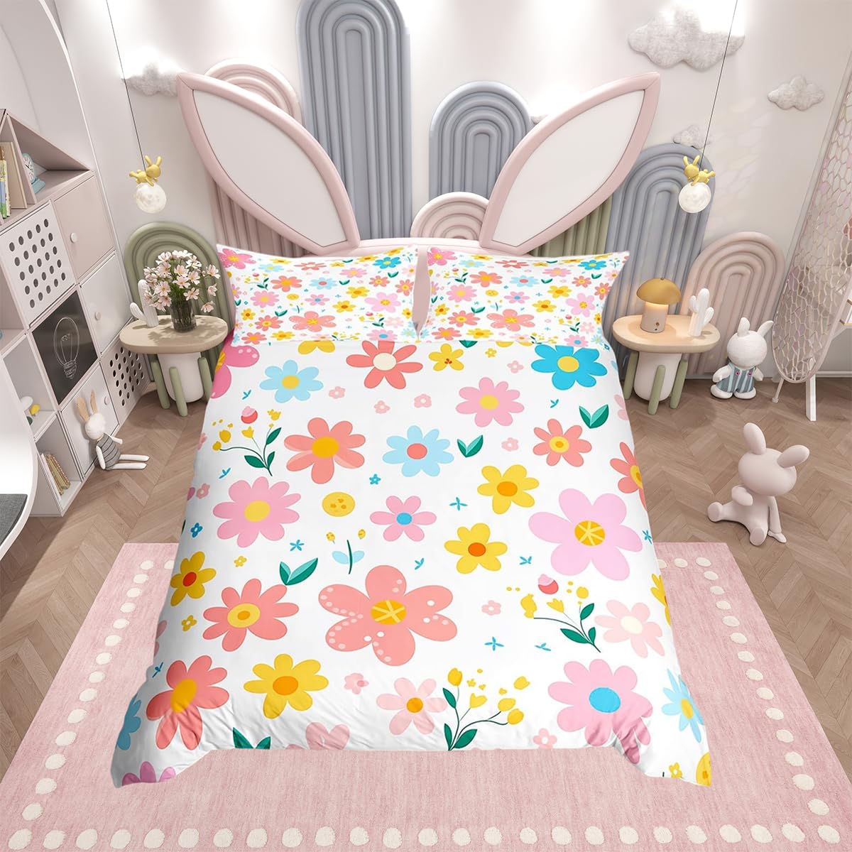 richhome Cute Flower Duvet Cover Junior/Cot Bed Kids Cartoon Cute Floral Bedding Set for Kids Girls Teens Toddler Yellow Pink Kawaii Comforter Cover Set 2Pcs