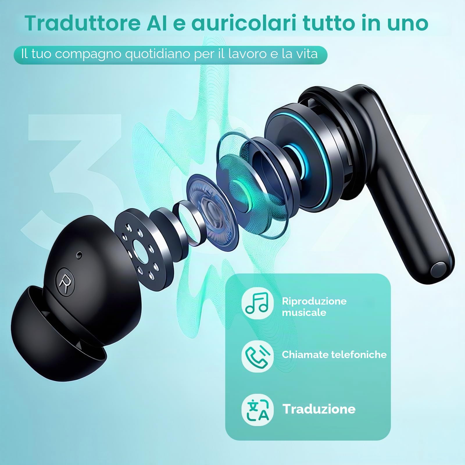 Auricolari Traduzione Istantanea con AI, 150+ Lingue e Traduzione Offline - 3 in1 Cuffie per Traduzione Simultanea Bluetooth 5.3 per Viaggi e Riunioni, 7 modalità di traduzione