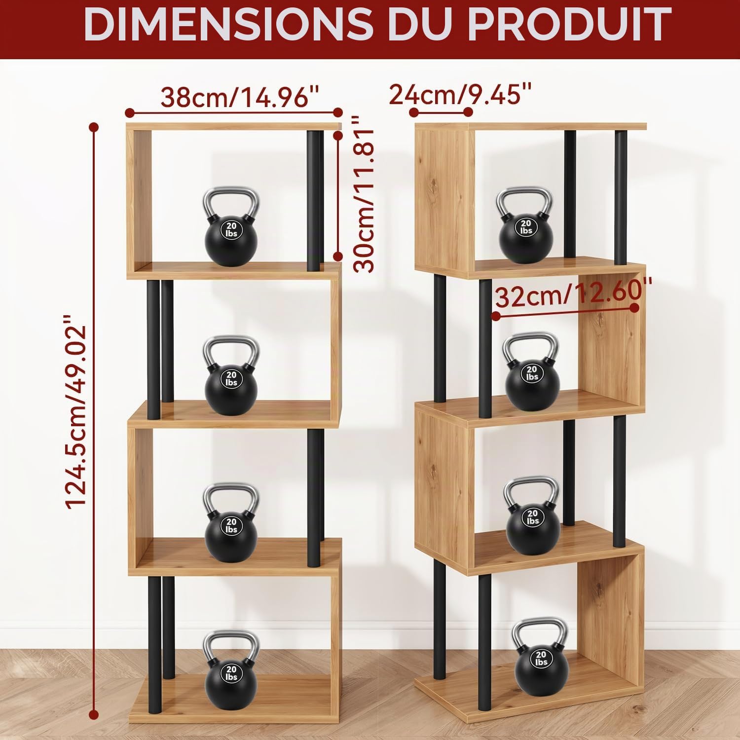 IBUYKE Bibliothèque en Forme de S, Étagère à Livres à 5 Niveaux,Meuble de Rangement,bibliothèque Moderne pour Salon, Chambre à Coucher, Bureau à Domicile,Chêne WBC015K
