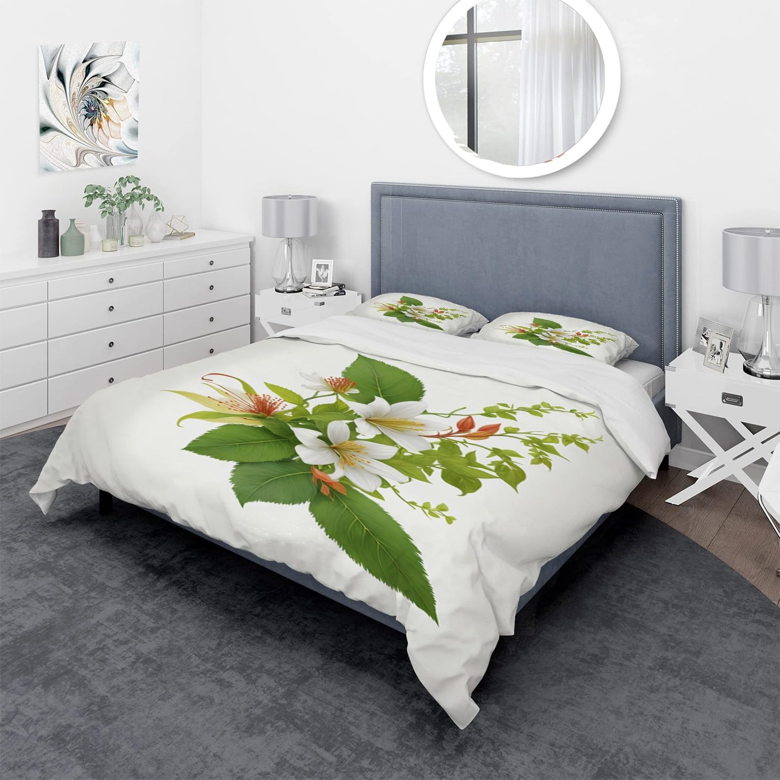 AK352 Pościel z białej lilii, 155 x 200 cm, zielone liście, 3-częściowy zestaw pościeli z oddychającej i miękkiej mikrofibry, 2 poszewki na poduszki z zamkiem błyskawicznym AK352