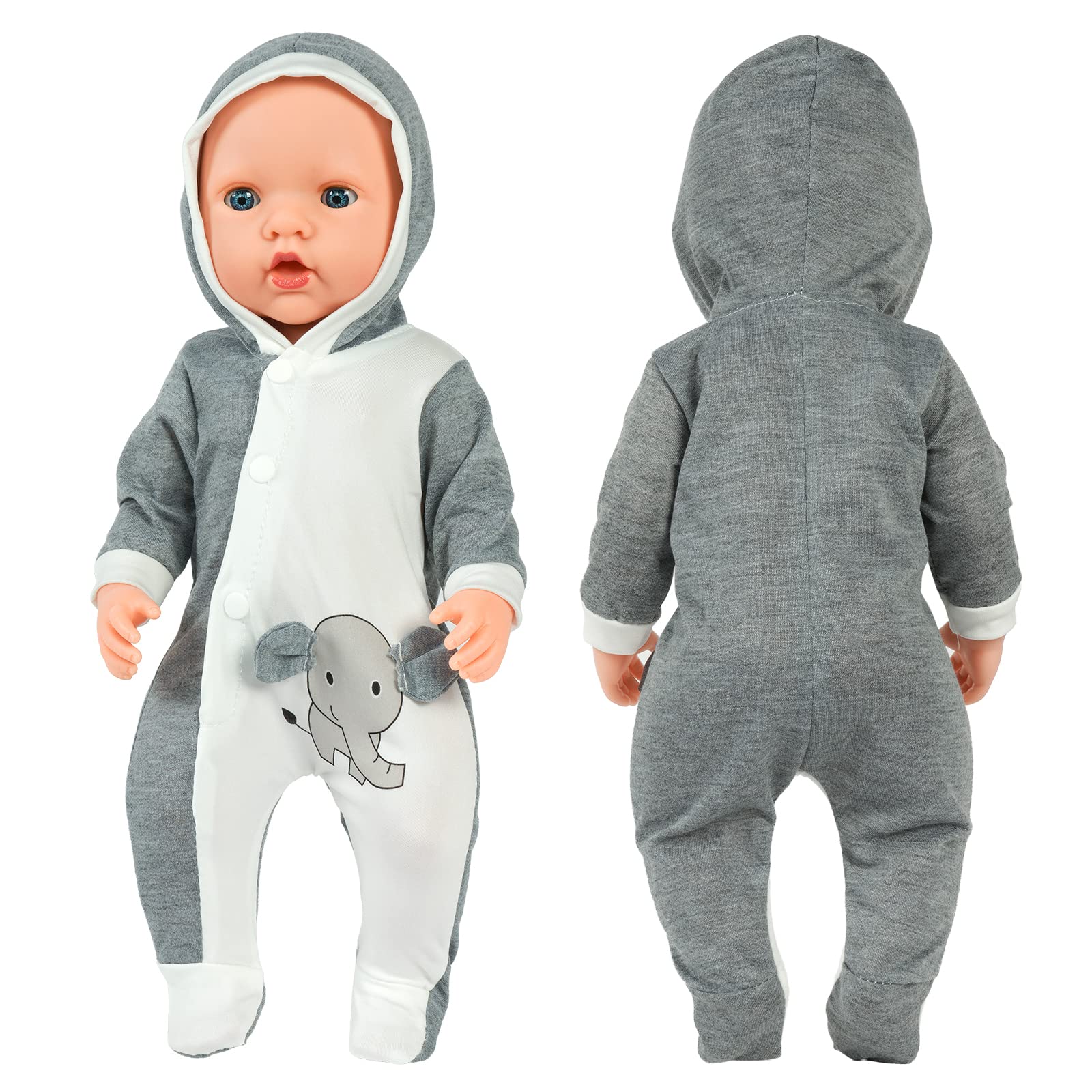 Aolso Vestiti per Bambole per New Born Baby Doll, Abiti per Bambolotti 35-45CM, Pagliaccetti Stampa con Cappello, con 1 Gruccia, Modello di Elefante Grigio e Bianco (Bambola Non Inclusa)