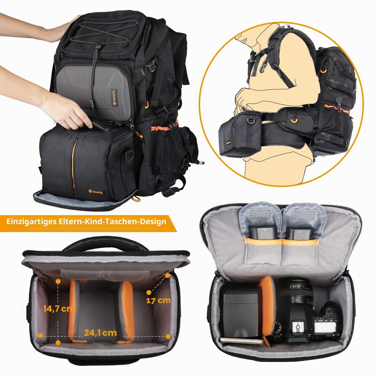 TARION Kamerarucksack Fotorucksack Groß 2-in-1 mit Extra Kameratasche für Spiegelreflex D-SLR(27 Liter, Schwarz)
