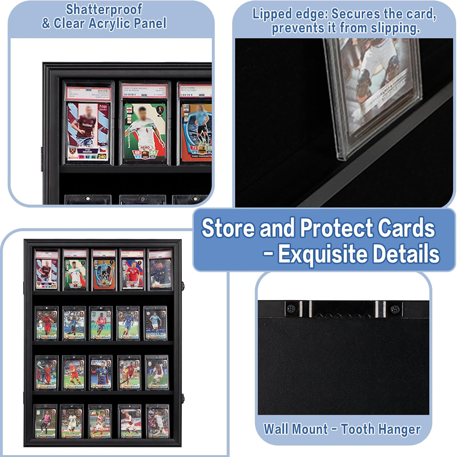 20 Graded Sports Card Display Case with UV Protection Lockable Wall Frame Cabinet for Basketball Football Baseball Hockey Trading Cards-Black Finish - Image 3