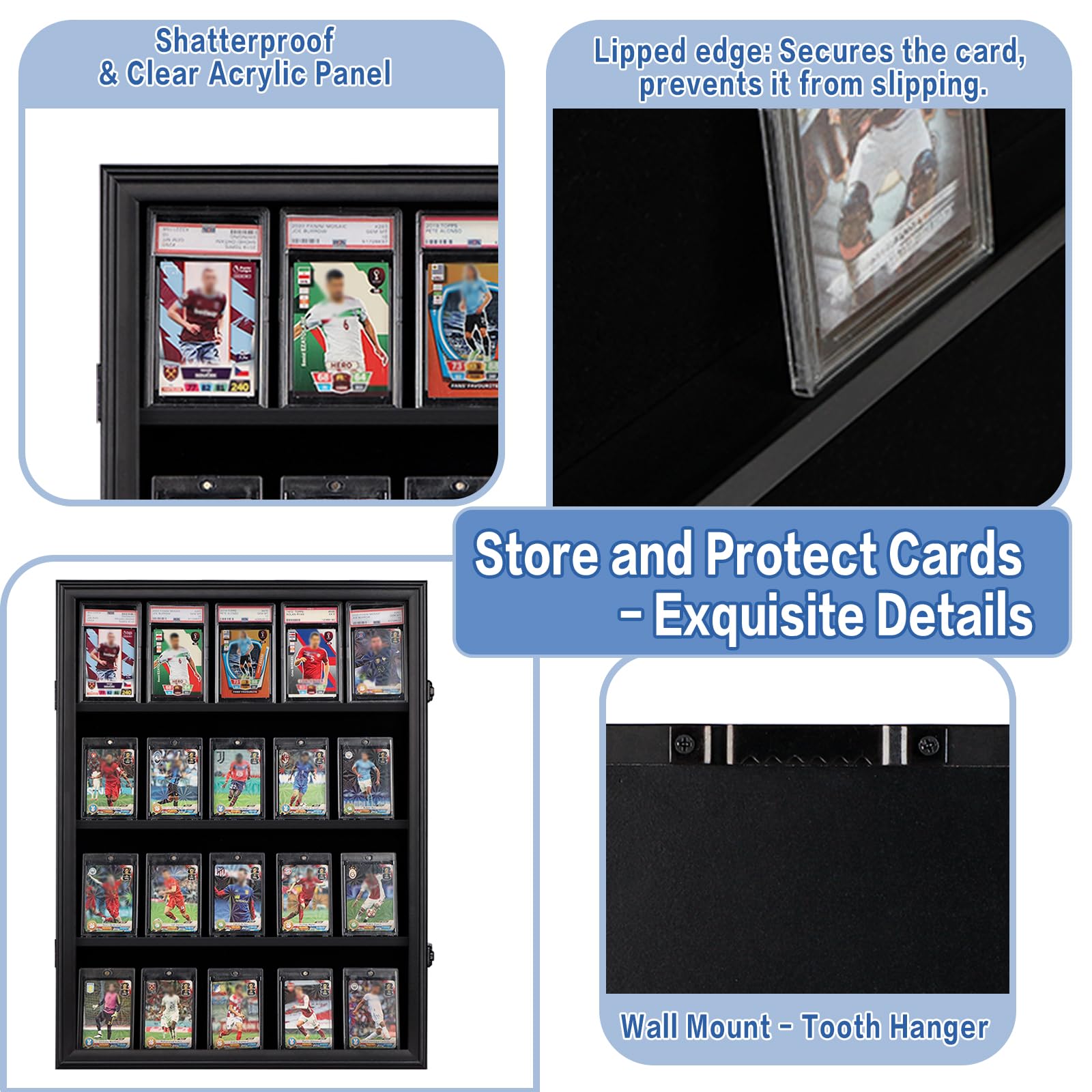 Espositore per carte sportive con protezione UV, con serratura, per pallacanestro, calcio, baseball, hockey, 20 pezzi, finitura nera