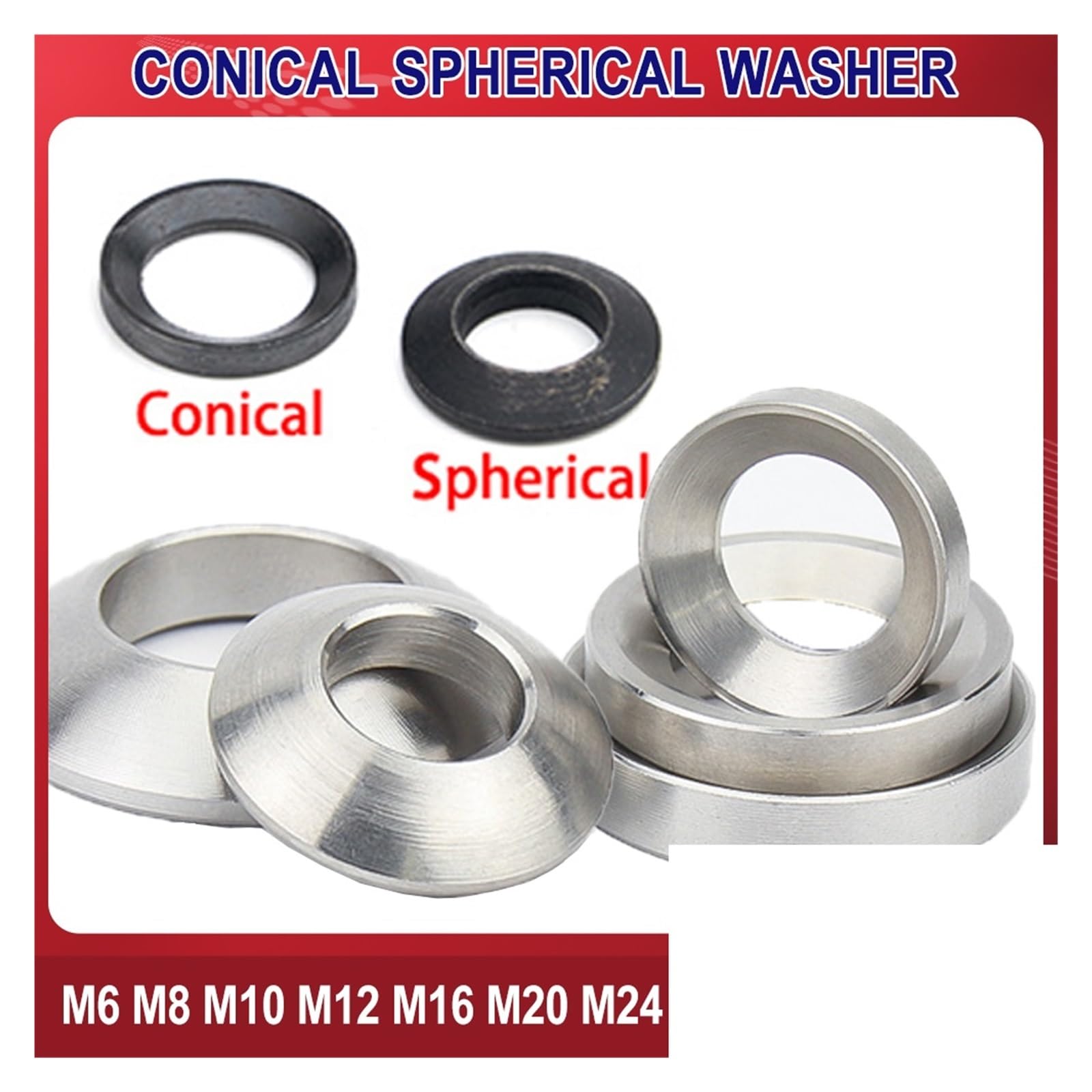 Junta de culata avellanada， Arandela esférica cónica M6 M8 M10 M12 M16 M20 M24 Arandela avellanada Acero inoxidable Junta cóncava convexa Acero al carbono(Spherical Stainless,M16 (3Pcs))
