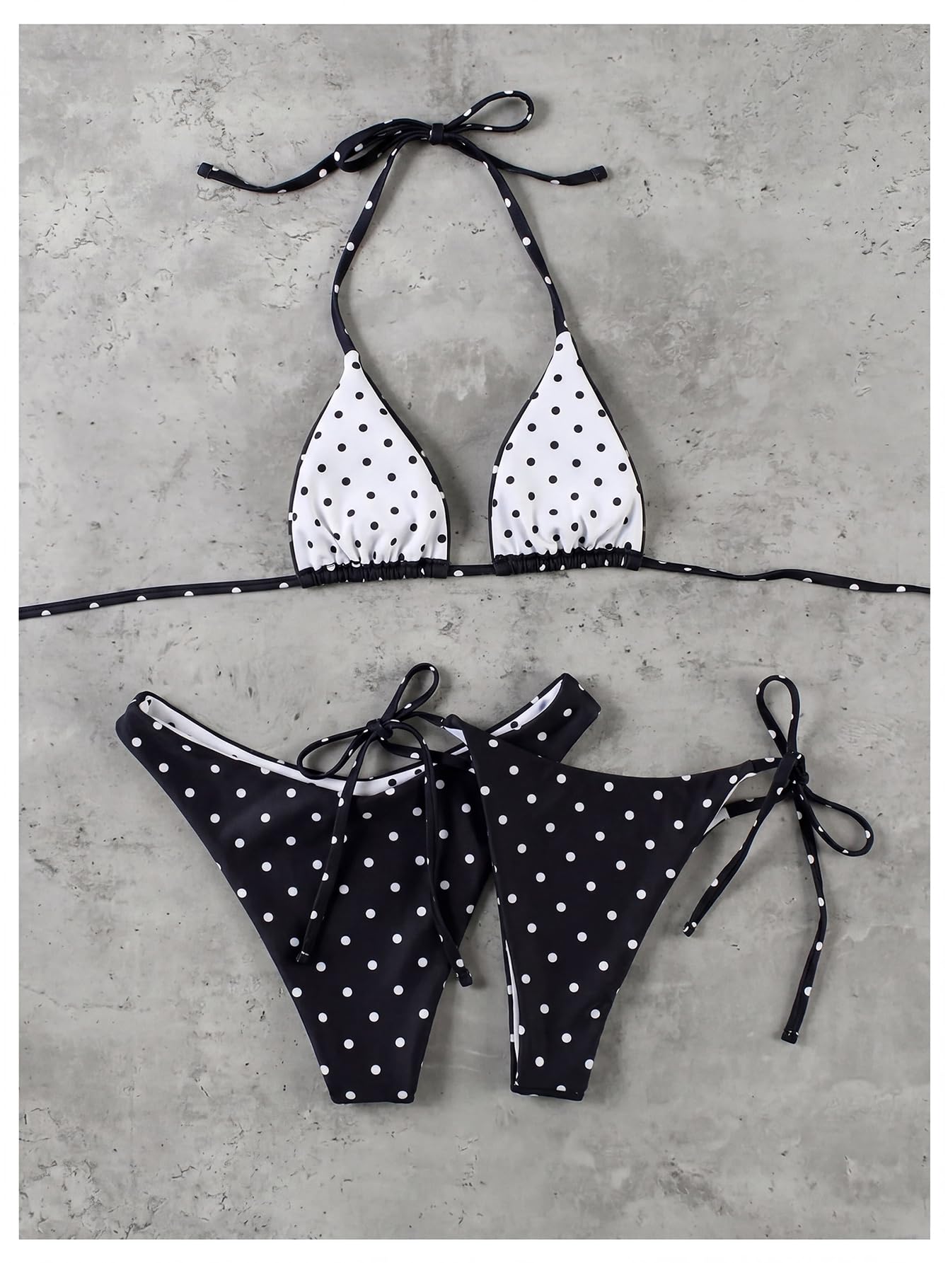 Damskie Bikini W Kropki 3-częściowy Trójkątny Strój Kąpielowy Halter Stringi Czarny XX-duży