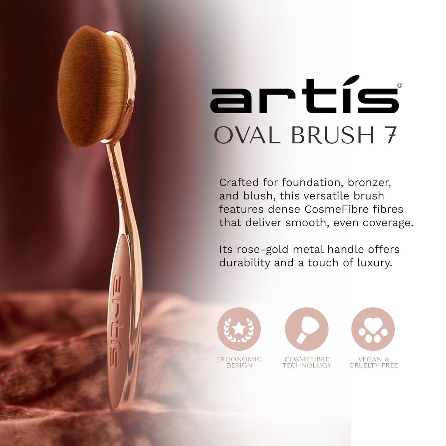 Artis Elite Oval 7 Blonde Fibre Brush – Professional Dense Makeup Applicator for Foundation, Creams, Powders, BB cream, SPF and Contour, Airbrush finish, Color Rose Gold - Image 2