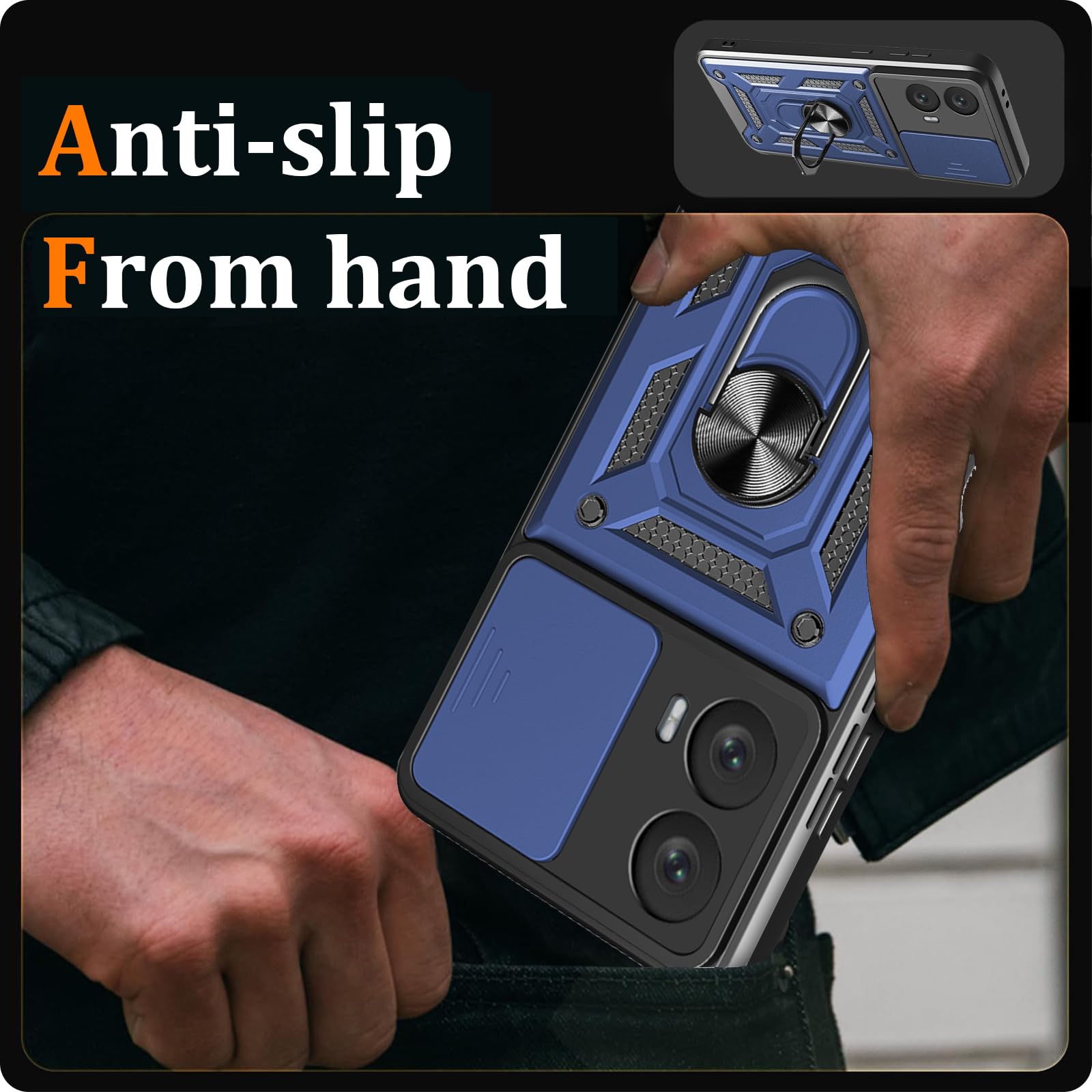 Cover per Moto G85 5G, Custodia per Moto G85 5G Antiurto Scorrevole Protezione Fotocamera Custodia con 360°Rotante Anello Supporto Cover, Blu