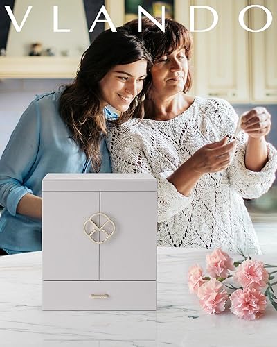 Miniatura 6 de Vlando Caja organizadora de joyas grande, caja de almacenamiento de joyas de 5 capas con espejo y 4 cajones para aretes, collares, anillos y