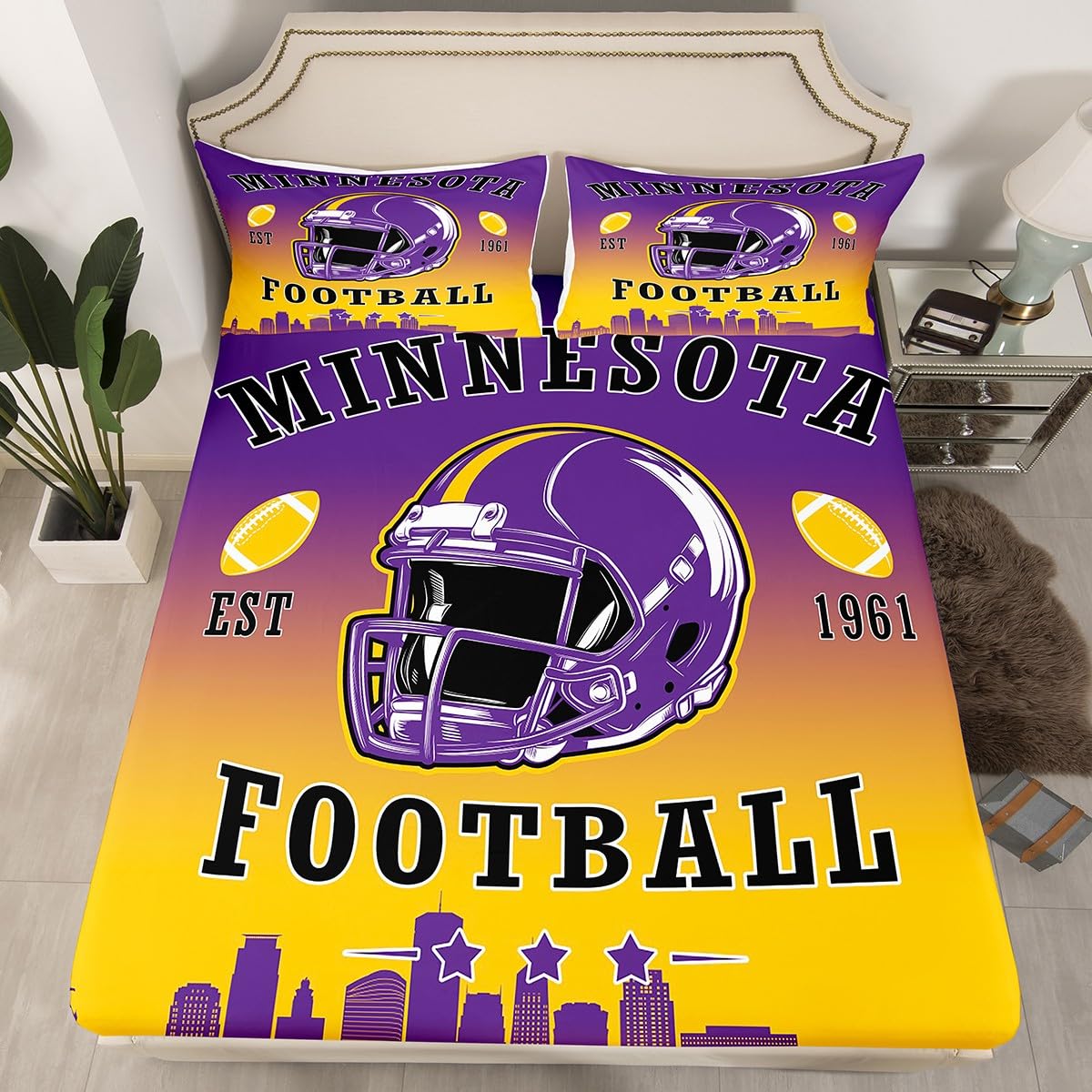 Erosebridal Football Fitted Sheet American Football City Bedding Set Sports Rugby Competitive Games Bed Sheets Twin Size for Kids Boys Teen,Purple Yellow Rugby Theme Sheets(Minnesota)