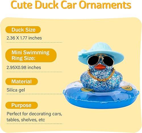 Miniatura 5 de Wonuu Decoración de tablero de instrumentos de pato para automóvil, pato de goma con anillo de natación, gafas de sol, sombrero y collar, azul y