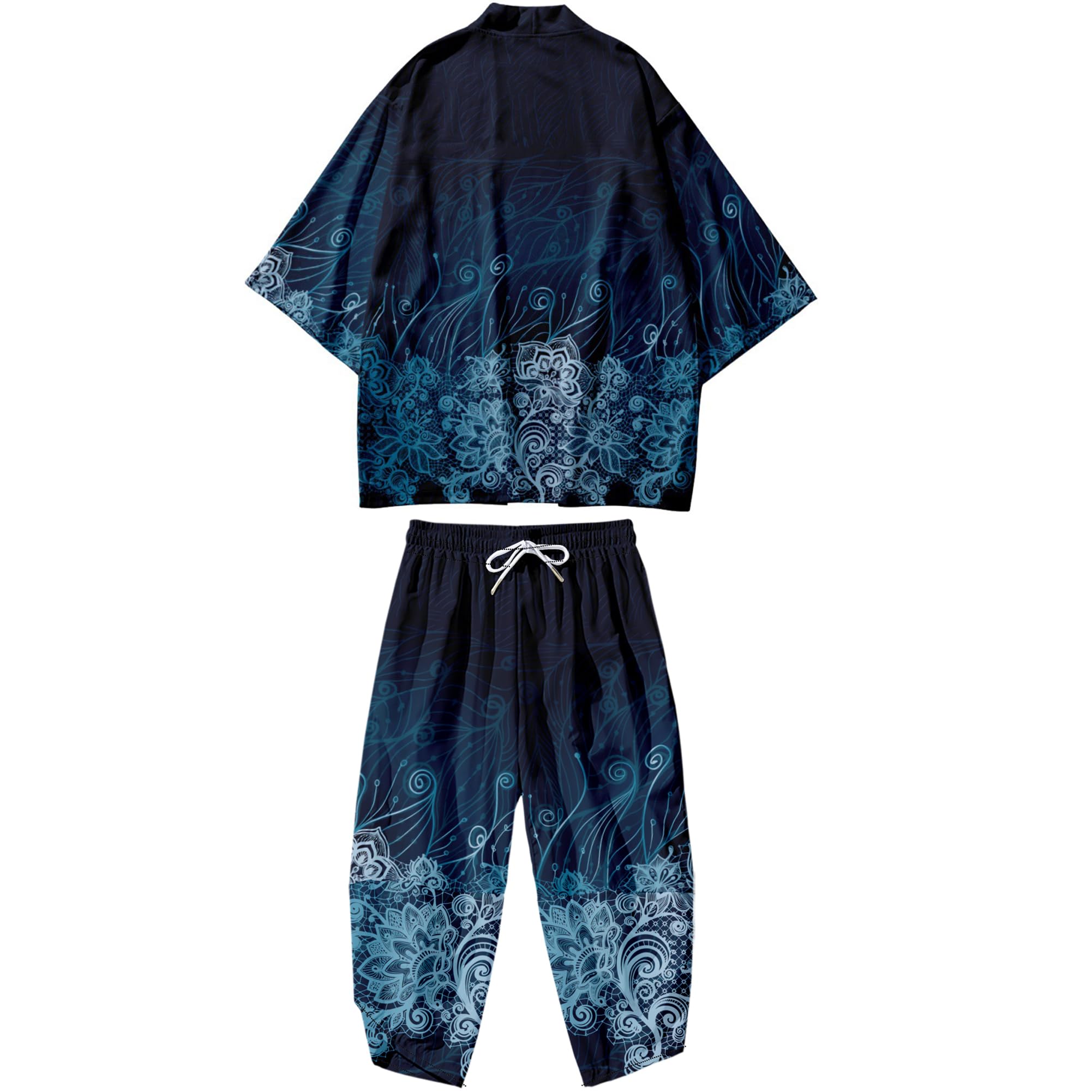 Mens Kimono Set Japanese Kimono Shirt &amp; Shorts 2 Piece Summer Beach Outfits