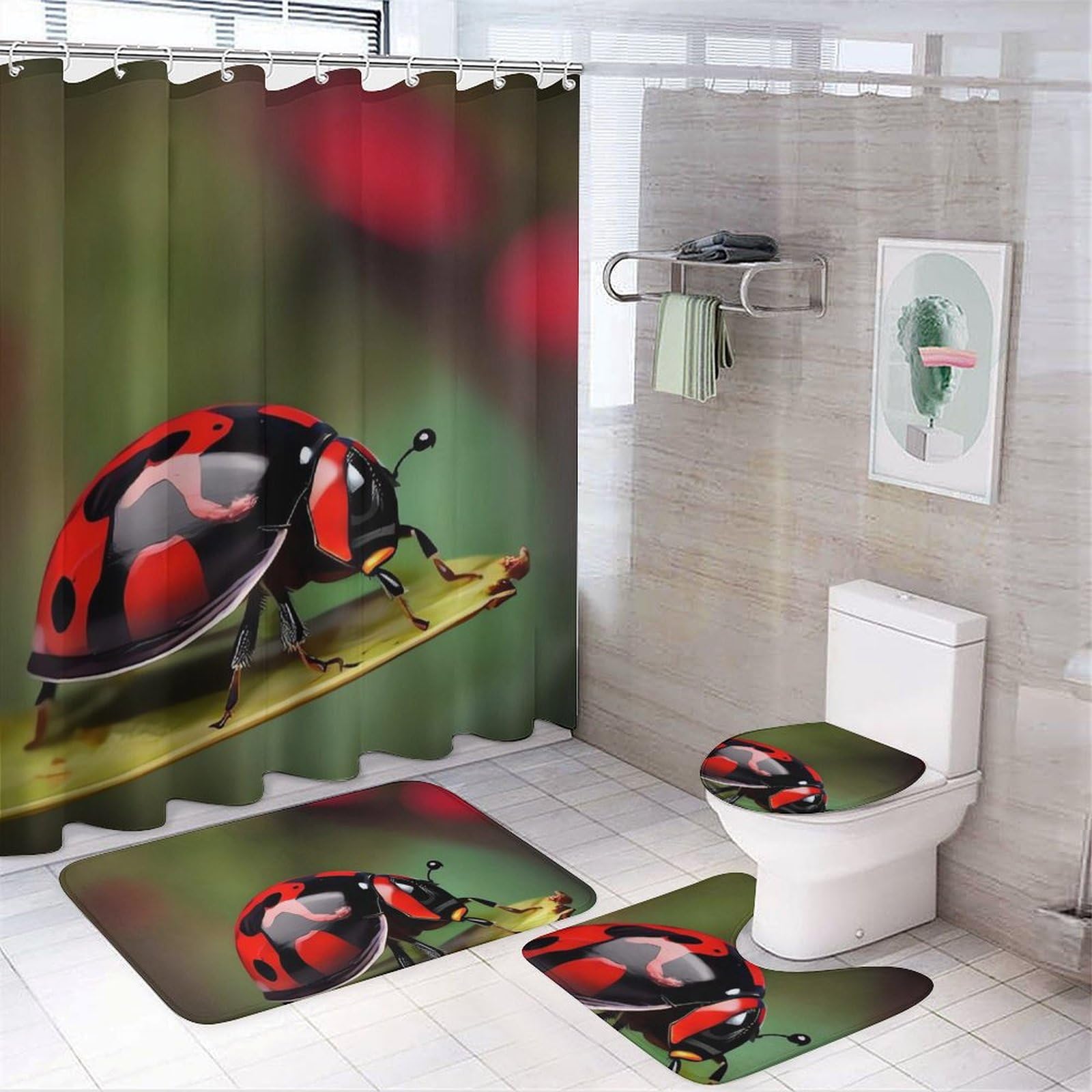 Housse de toilette en polaire et ensemble de bain 4 pièces au design coccinelle raffiné