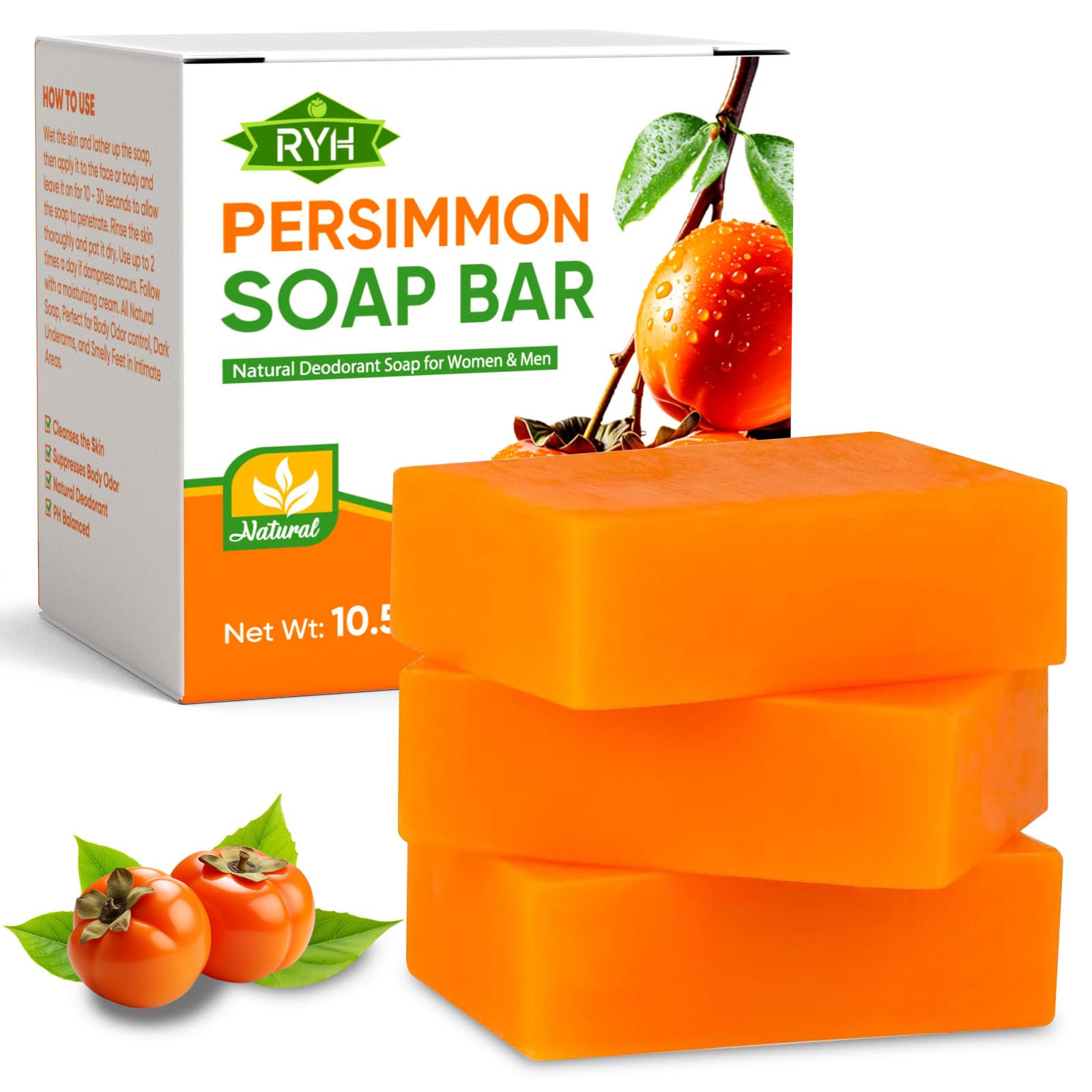 RYH 3 PCS Persimmon Soap Bar for Body Odor Control–Deodorizing & Eliminating Body Odor for Old People Smell, Natural Deodorant Persimmon Bar Soap,