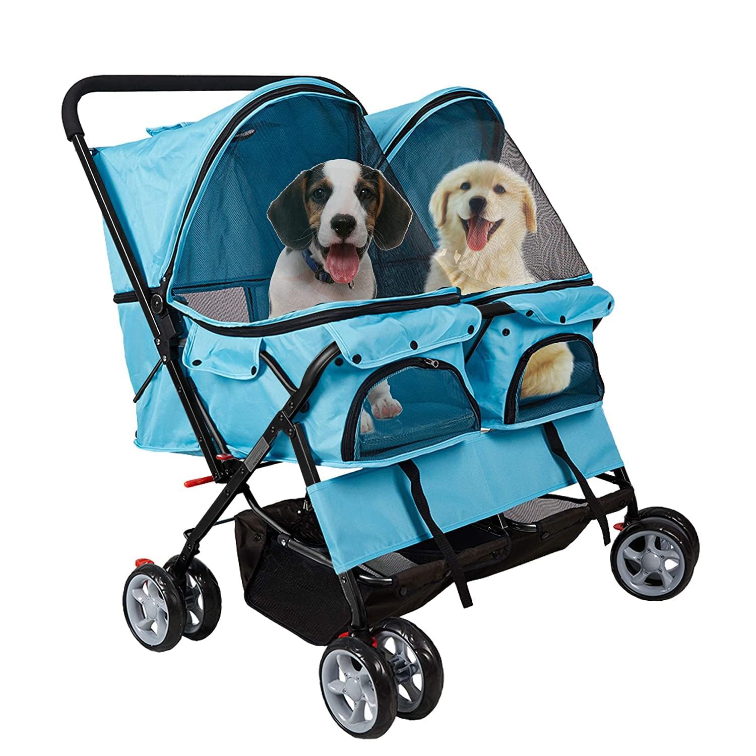 Double Pet Stroller Foldable Doggy Stroller Two-Seater Carrier Strolling Cart for Dog Cat and More Multiple Colors Blue