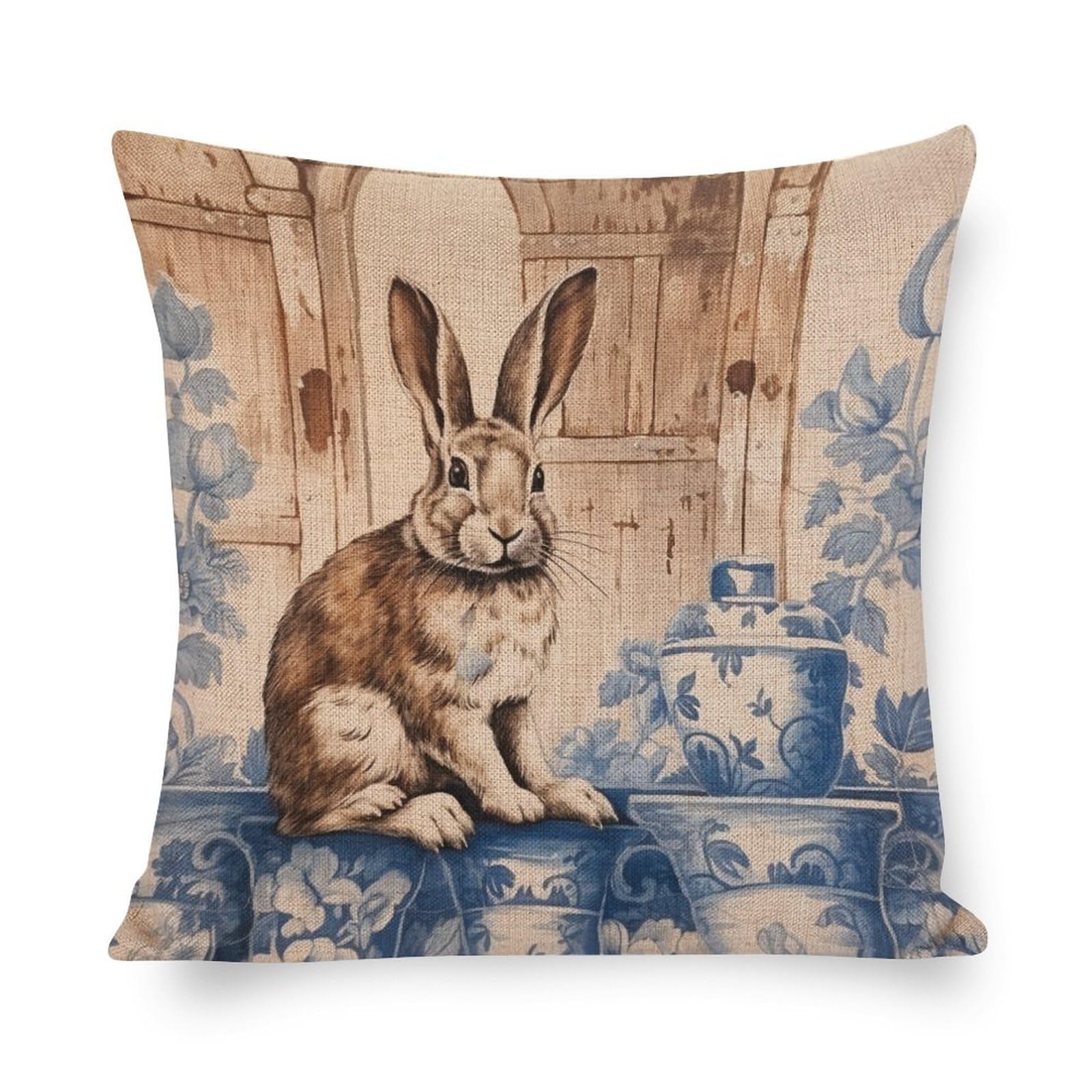 Pillowcase Rustic Blue Dutch Rabbit Throw Pillow Covers Vintage Farmhouse Bunny Pillowcover 18"x18" Home Sofa Decor Pillowcase Suitable for Sofa