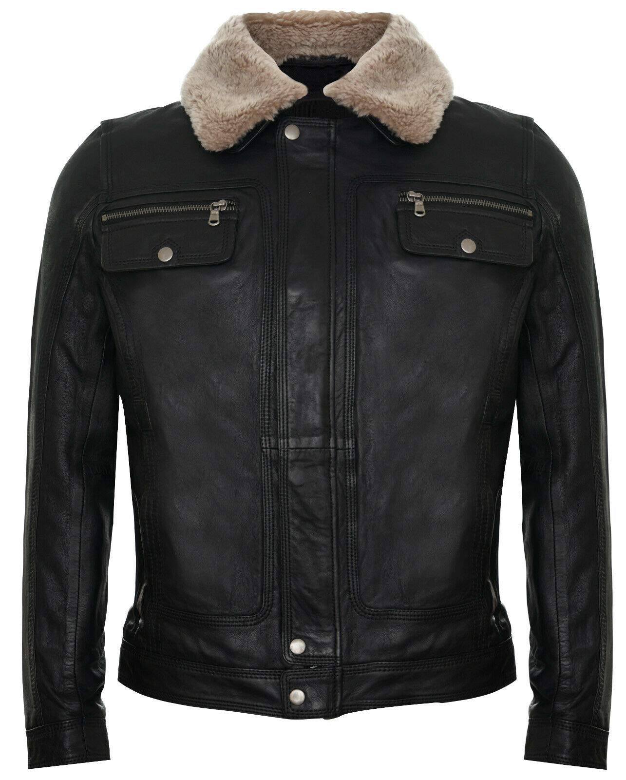 Infinity Leather Men's Black Leather Jacket Trucker Removable Sheepskin Sherpa Collar Casual Jeans Coat 5XL