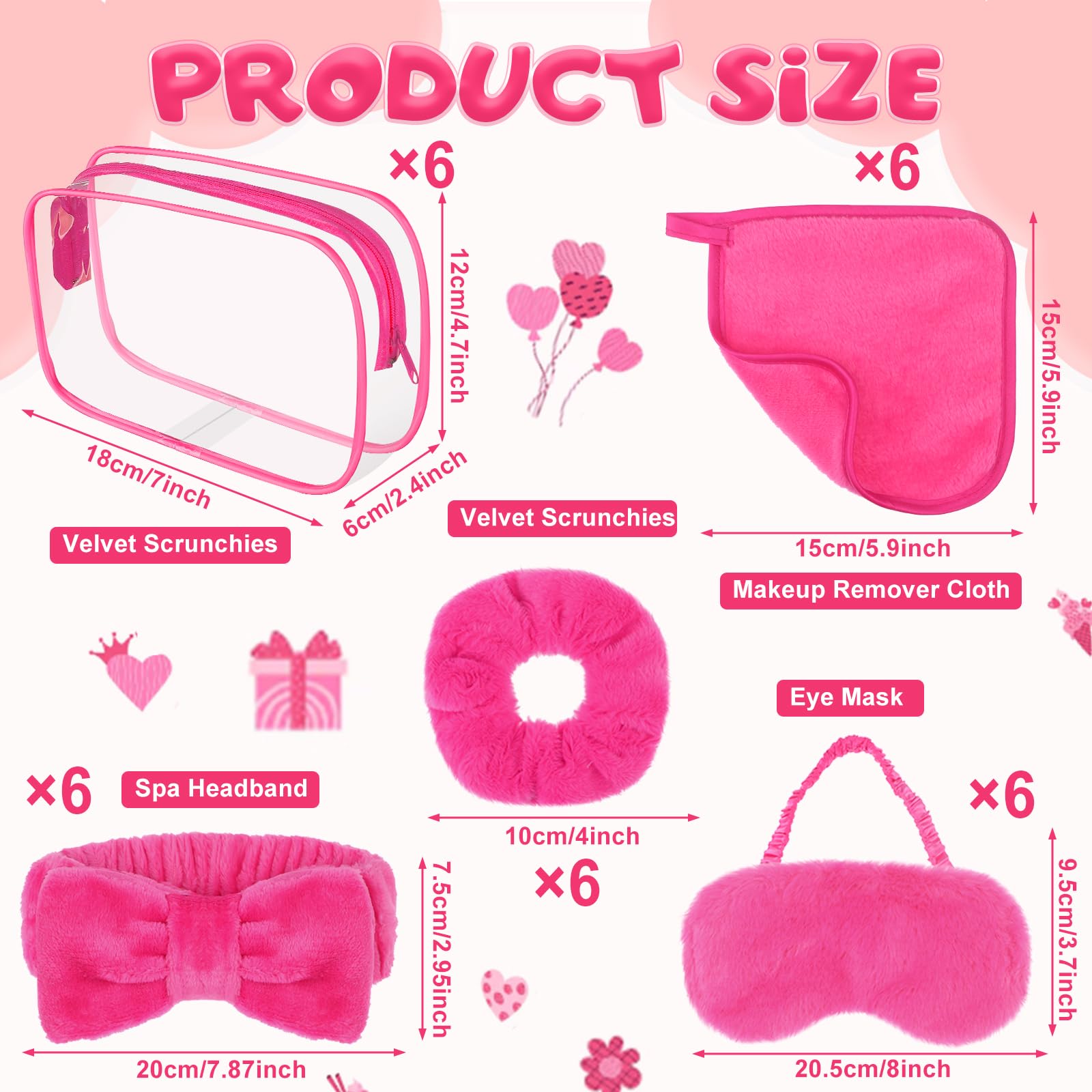 30 piezas de suministros de fiesta de pijamas para niñas, incluye 6 diademas de maquillaje con lazo, 6 antifaz de felpa para dormir, 6 coleteros de terciopelo, 6 paños desmaquillantes, 6 bolsas de