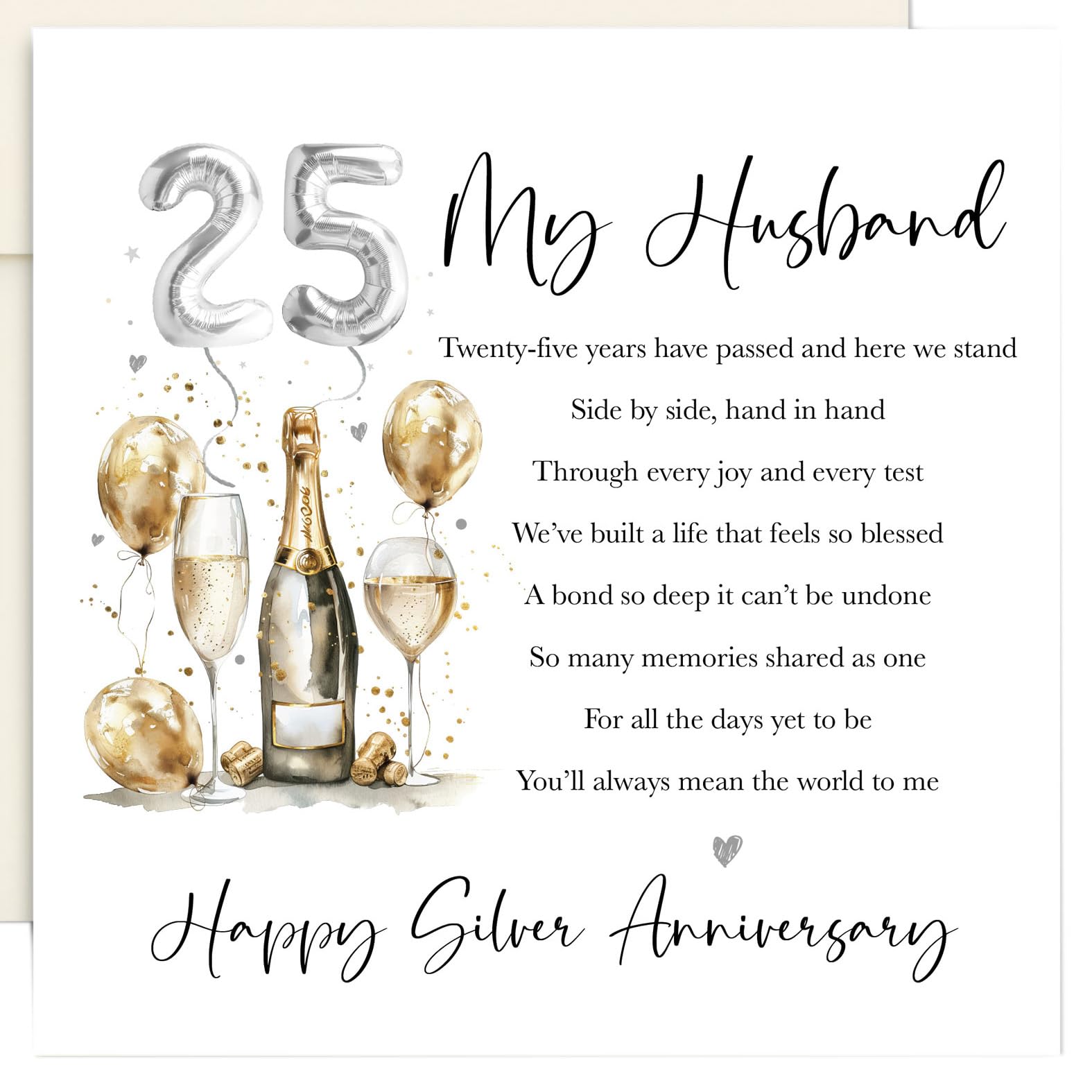 Silver 25th Wedding Anniversary Card for Husband - Original Poetry Keepsake Card, Premium Linen, Blank Inside, Luxury Ivory Envelope