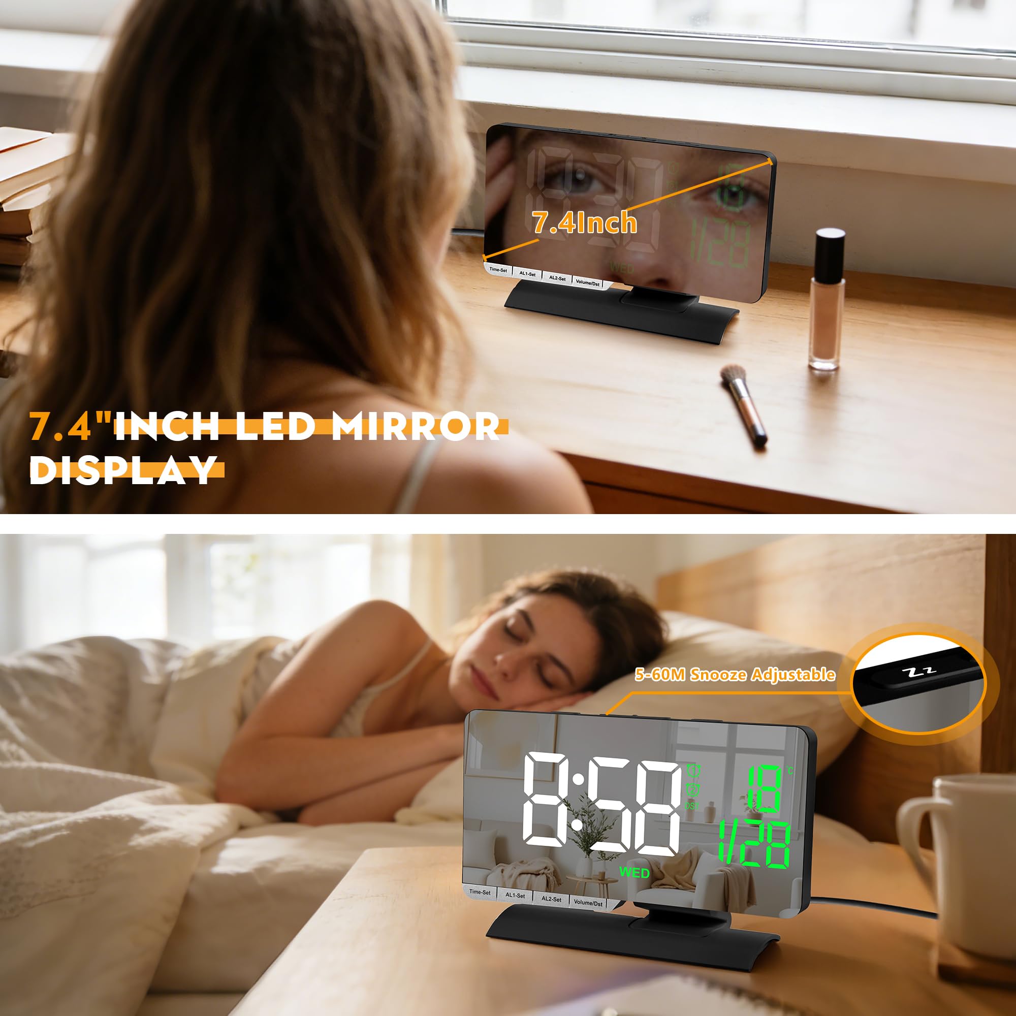 Zegar cyfrowy, budzik przy łóżku, 18 cm duże lustro LED z datą, wyświetlaczem dnia, podwójny budzik z 3 trybami, Brightnee, DST, funkcja drzemki, port ładowania USB C, 5 głośności, na biurko, do