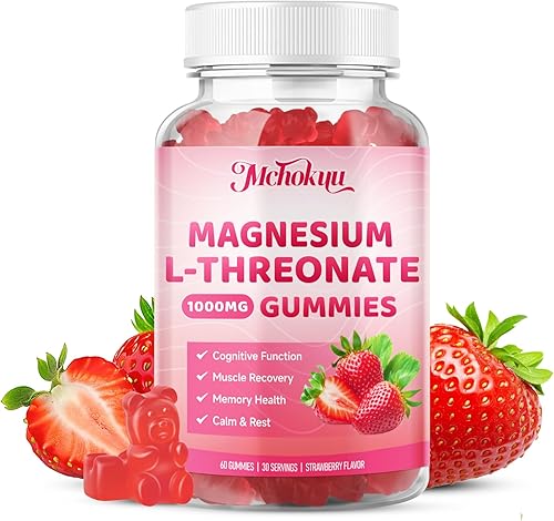 Gomitas de magnesio L-treonato de 1000 mg, gomitas de treonato de magnesio para niños y adultos, sin azúcar para apoyo muscular y nervioso, sin OMG,