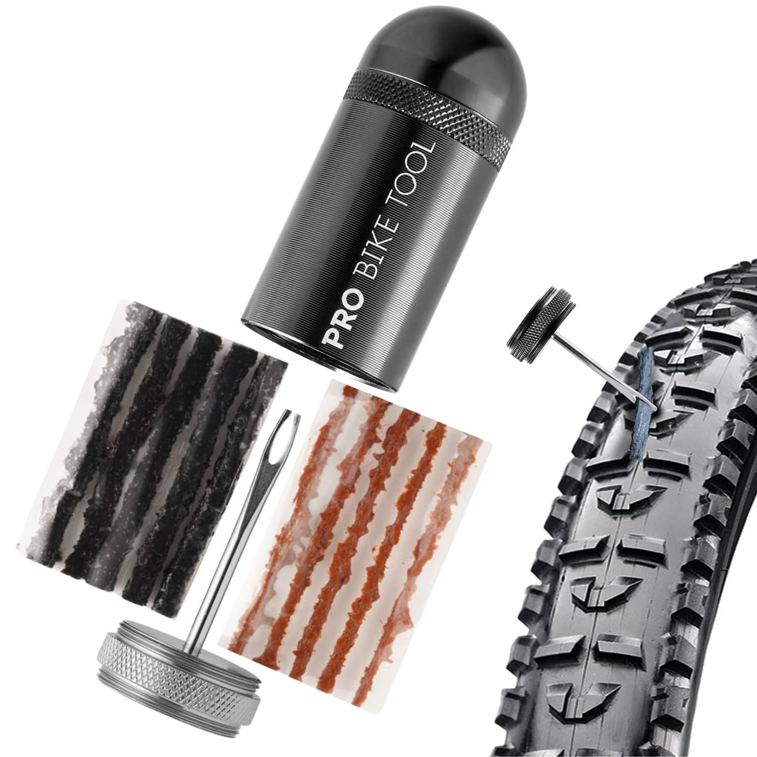 PRO Bike Tool Tubeless Bike Tyre Repair Kit – for MTB and Road Bicycle Tyres – Fix a Puncture or Flat, Fast – Tackle Set Includes Storage Canister, Plugger Tool and Plugs