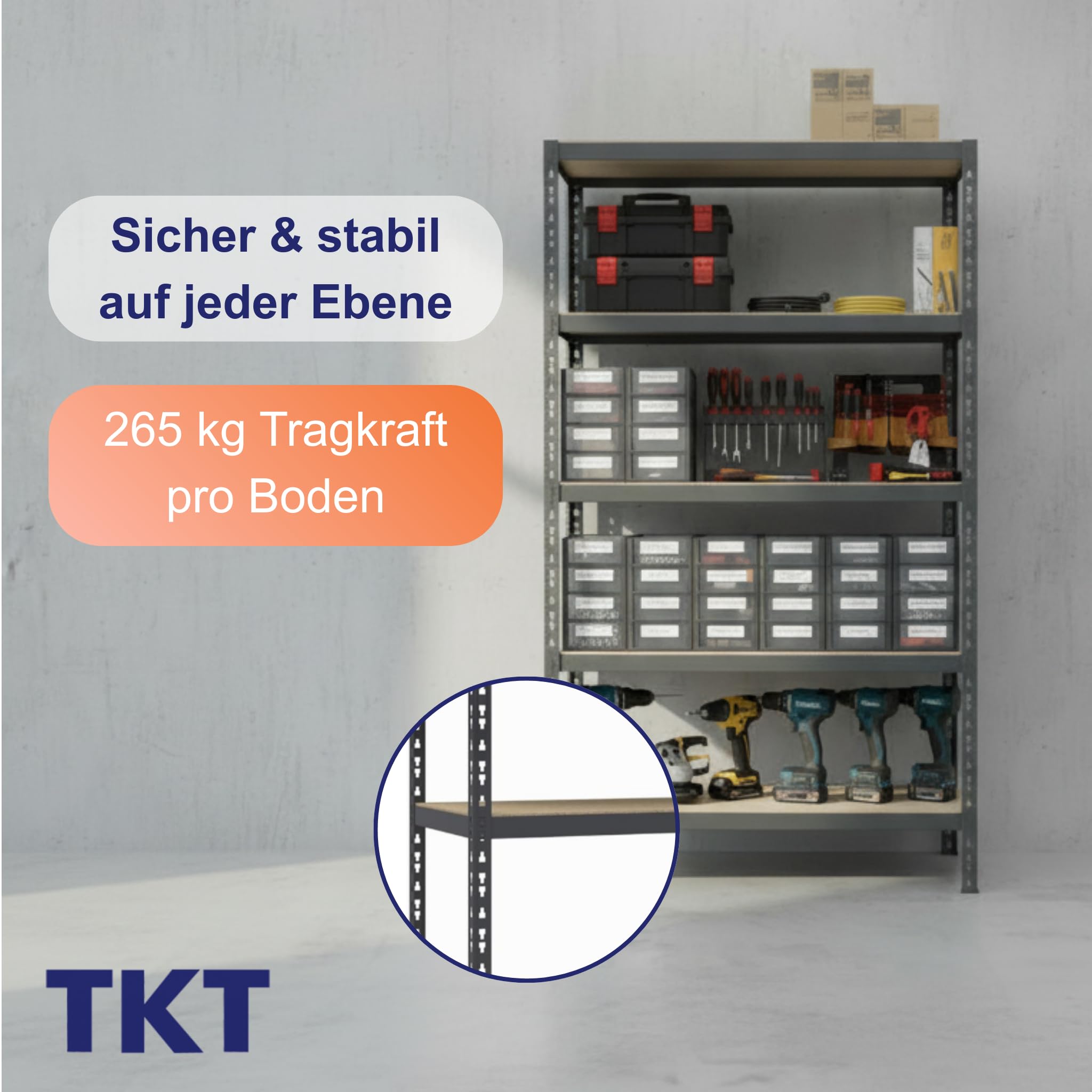 TKT – Work System Steckregal mit Holzböden & Unterzug 180x92x46cm - Regal mit 265kg Tragkraft pro Boden. Schwerlastregal mit 5 Böden für Werkstatt, Wohn- & Kellerraum. Anthrazit