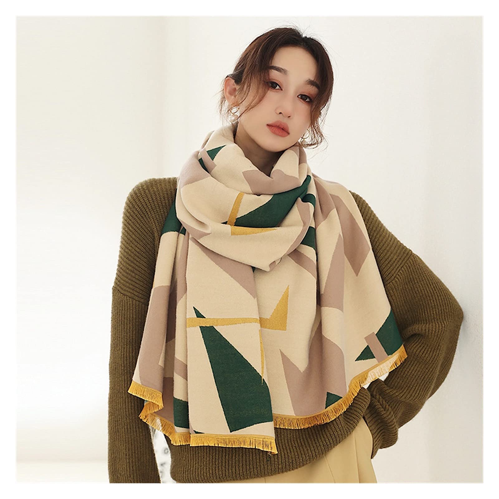 szalik Nowy wełniany szalik Zimowa geometria Koc Foulard Kobiety Szaliki Ciepłe szale Okłady Szaliki Lady Stule (Kolor: Zielony, Rozmiar: 190x65cm) (Pomarańczowy 190x65cm)