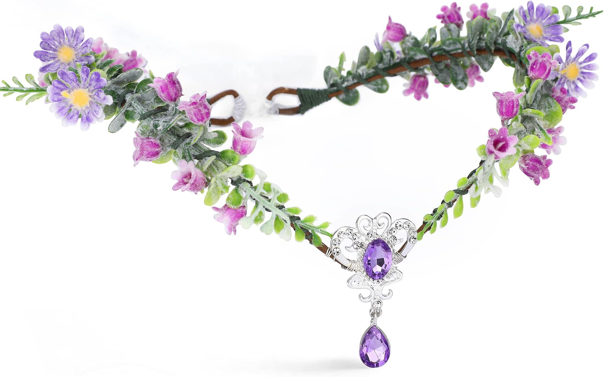 MOSTORY Woodland Fairy Flower Crown - Floral Elf Headpiece with Crystal V-shape Elven Tiara Wreath Boho Headband for Women Girl Renaissance Cosplay Halloween Christmas Party Wedding