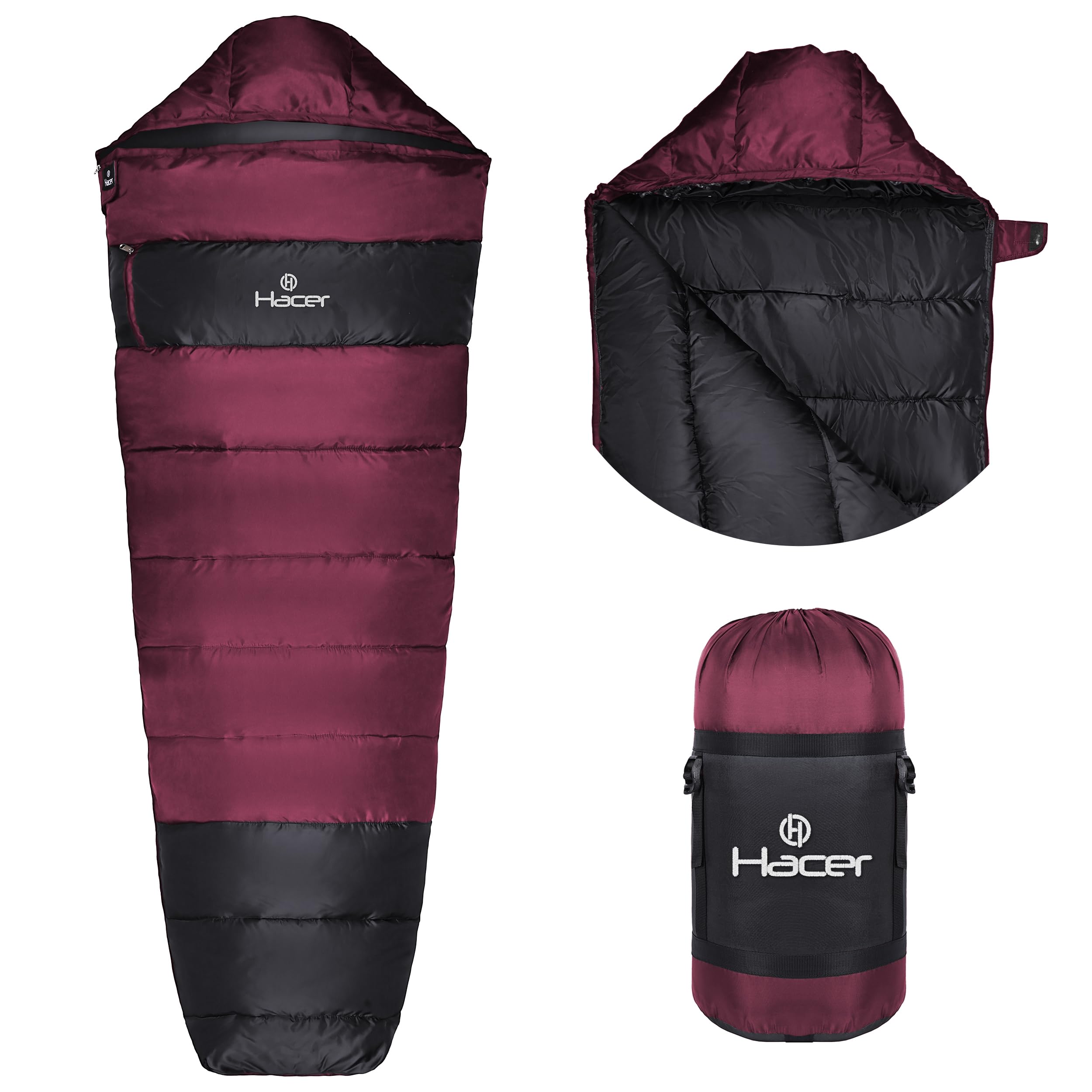 Hacer Khardunga La Camping Sleeping Bag with Secret Pocket Mummy Shape 210T Polyester +6 to +15 Degree Winter Hiking Trekking Travelling for Baby, Adults Men & Women (7 Ft, 1.2 KG, Black & Maroon)