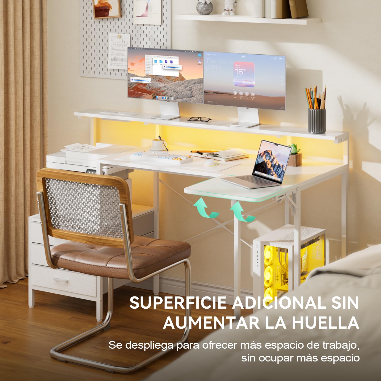 SOLAVERO Escritorio Esquinero con Bandeja Plegable, 140 x 50 cm Escritorio Gaming en L con Enchufes & USB-C, Mesa Ordenador con Cajones de Tela, Mesa Oficina con Soporte para Monitor, Blanco