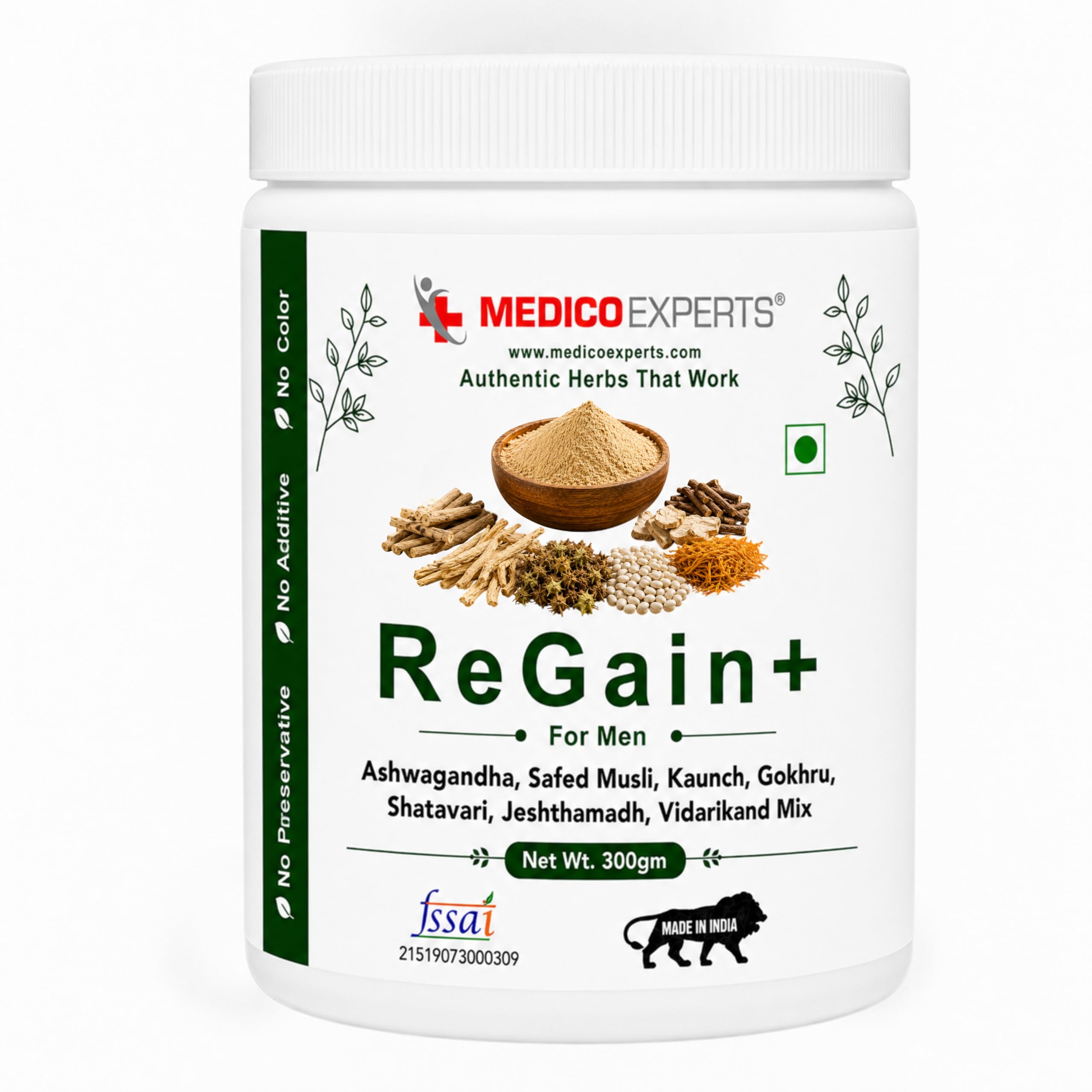 MedicoExperts ReGain+ 300g - Safed Musli, Ashwagandha, Shatavari, Kaunch Beej, Gokhru, Vidarikand, Jeshthamadh | Pre-Mixed Ayurvedic Powder | FSSAI Certified, Lab Tested