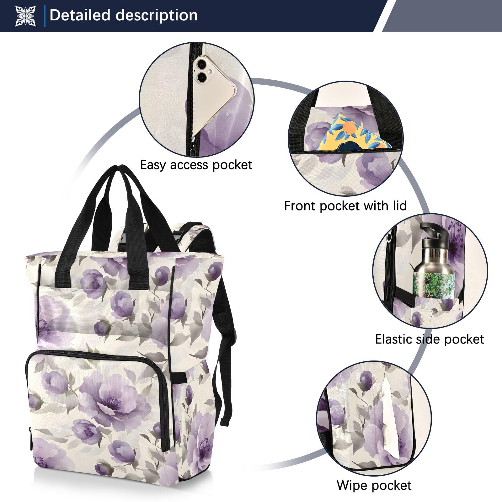 Mnsruu Borsa per pannolini per bambini con motivo floreale viola pallido borsa grande borsa impermeabile da viaggio borse per pannolini per mamme e papà