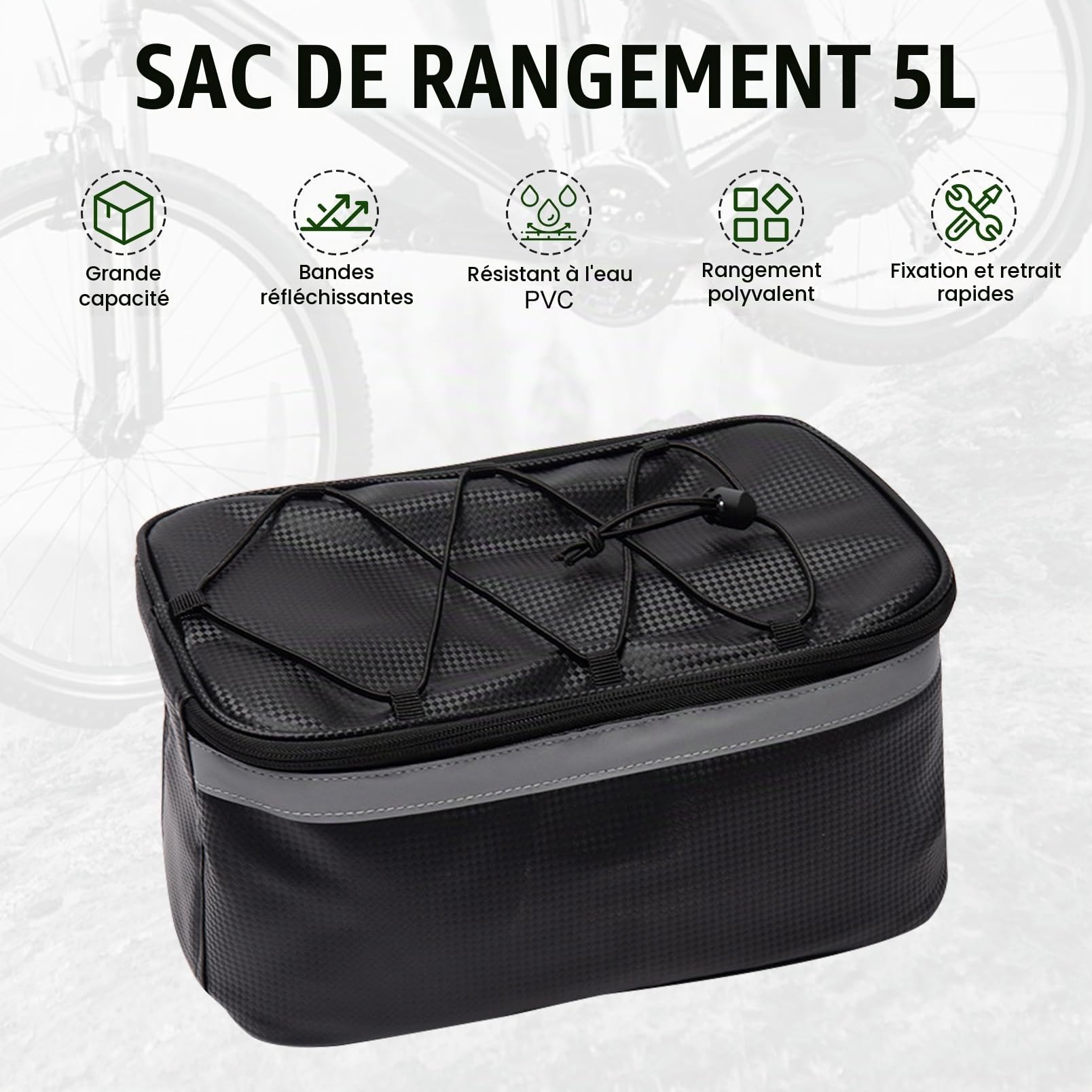 Porte-bagages avant de vélo en acier, porte-bagages universel pour roue avant | Pour cadre de vélo, construction en métal solide pour le transport, avec sac à bagages étanche de 5 l et réflecteurs