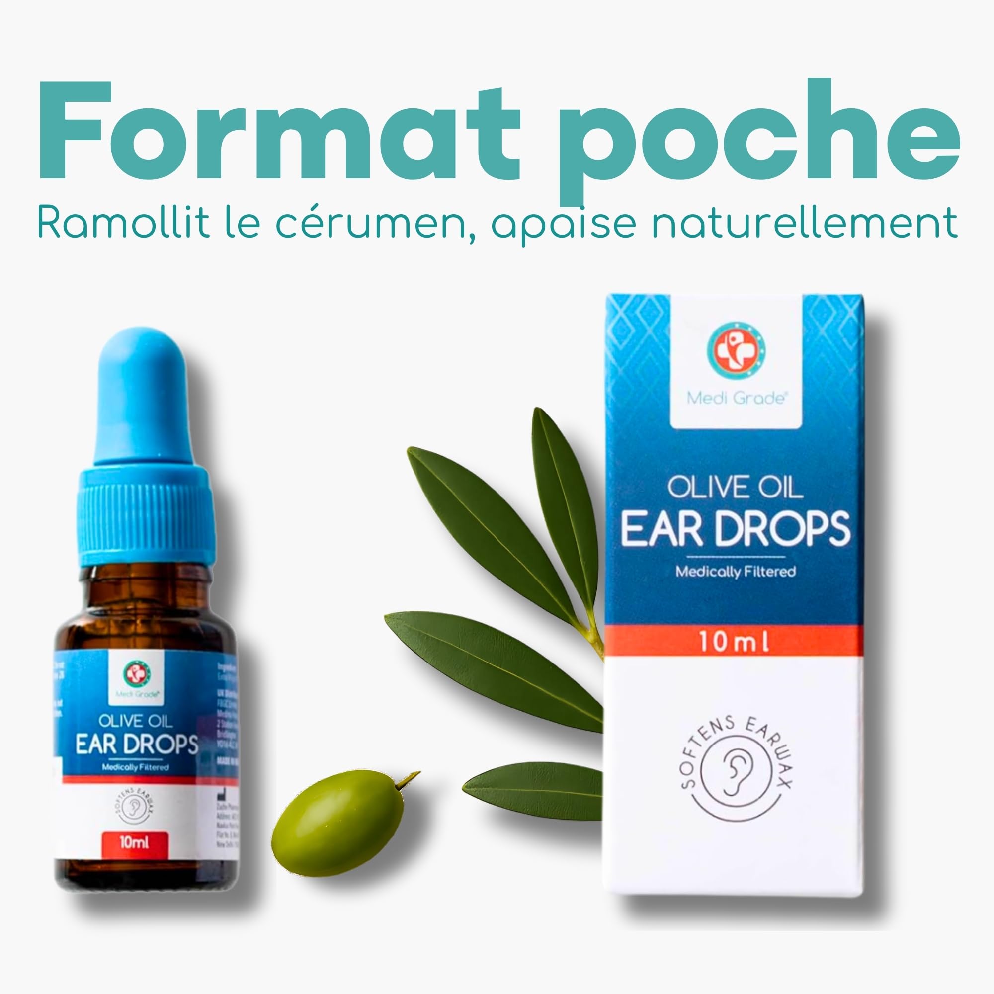Medi Grade Gouttes Oreilles Huile d'Olive 100% Pure Qualité Médicale Flacon Compte Gouttes10 mL - Fluidifie Élimine Cerumen Oreille - Gouttes Auriculaires Efficaces - Soulagement Rapide
