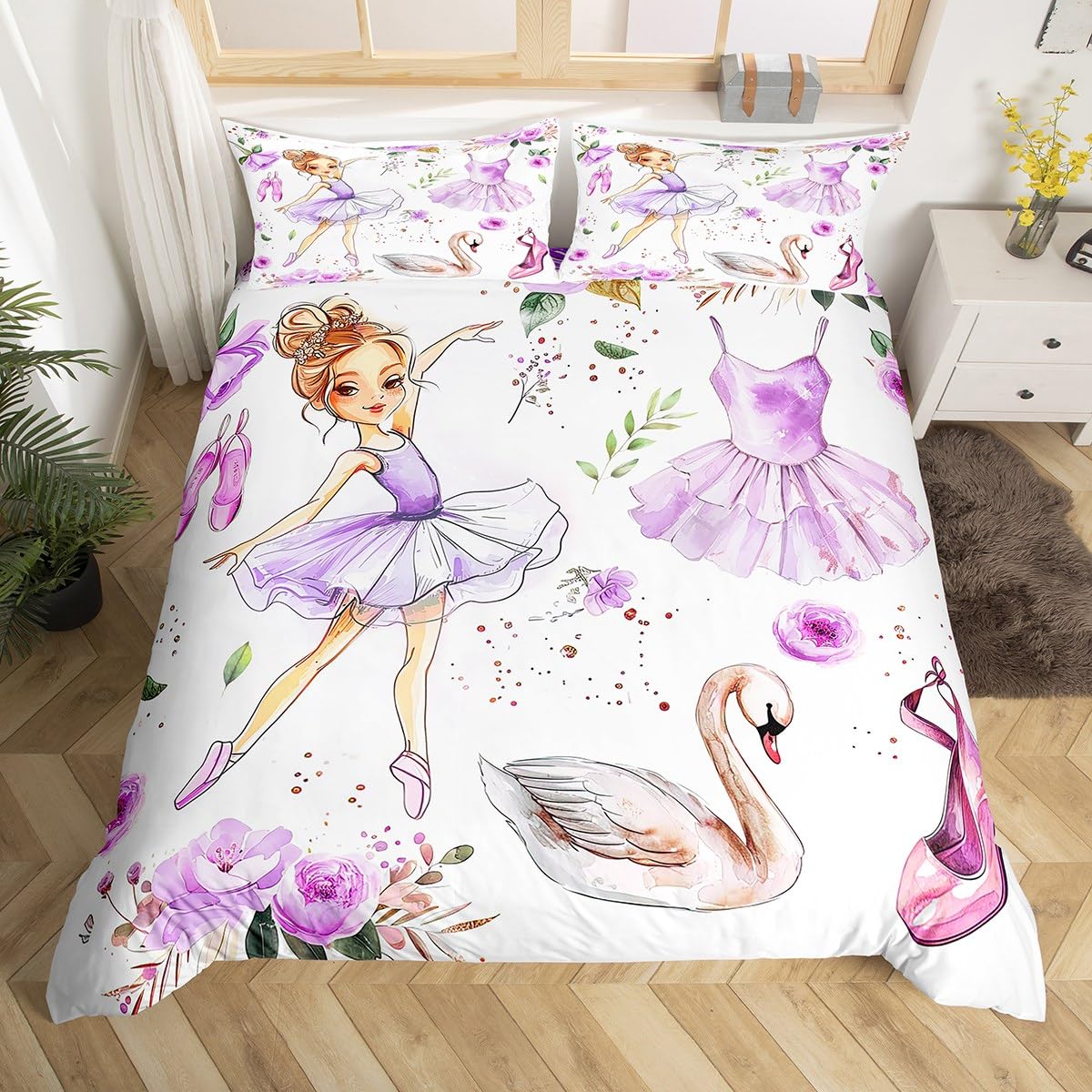 Ballet Dance Girl Duvet Cover Single Size,Purple Dancing Dress Shoes Comforter Cover for Adults Kids Bedroom Decor,Dreamy Swan Watercolor Flowers Decorative Bedding Set 1 Pillowcase,No Comforter