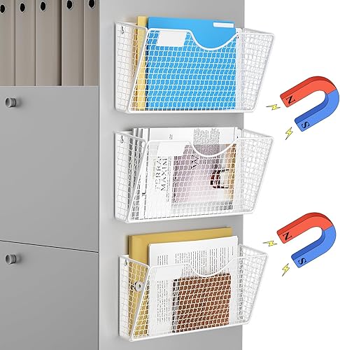 MFTEK Soporte magnético para archivadores, 3 bolsillos individuales, carpeta de archivos de malla para montaje en pared, sin perforar, organizador