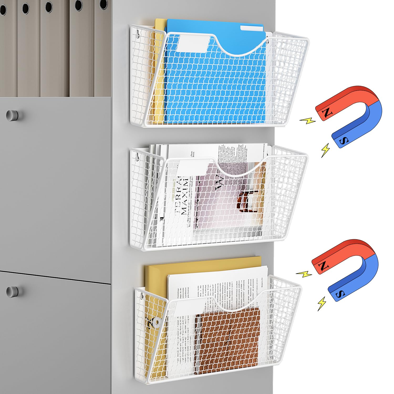 MFTEK Magnetic File Holder, 3 Pockets Wall File Folders Holder No Drilling Magnetic Paper Mail Organizer Magazine Basket, Hanging Storage Rack for