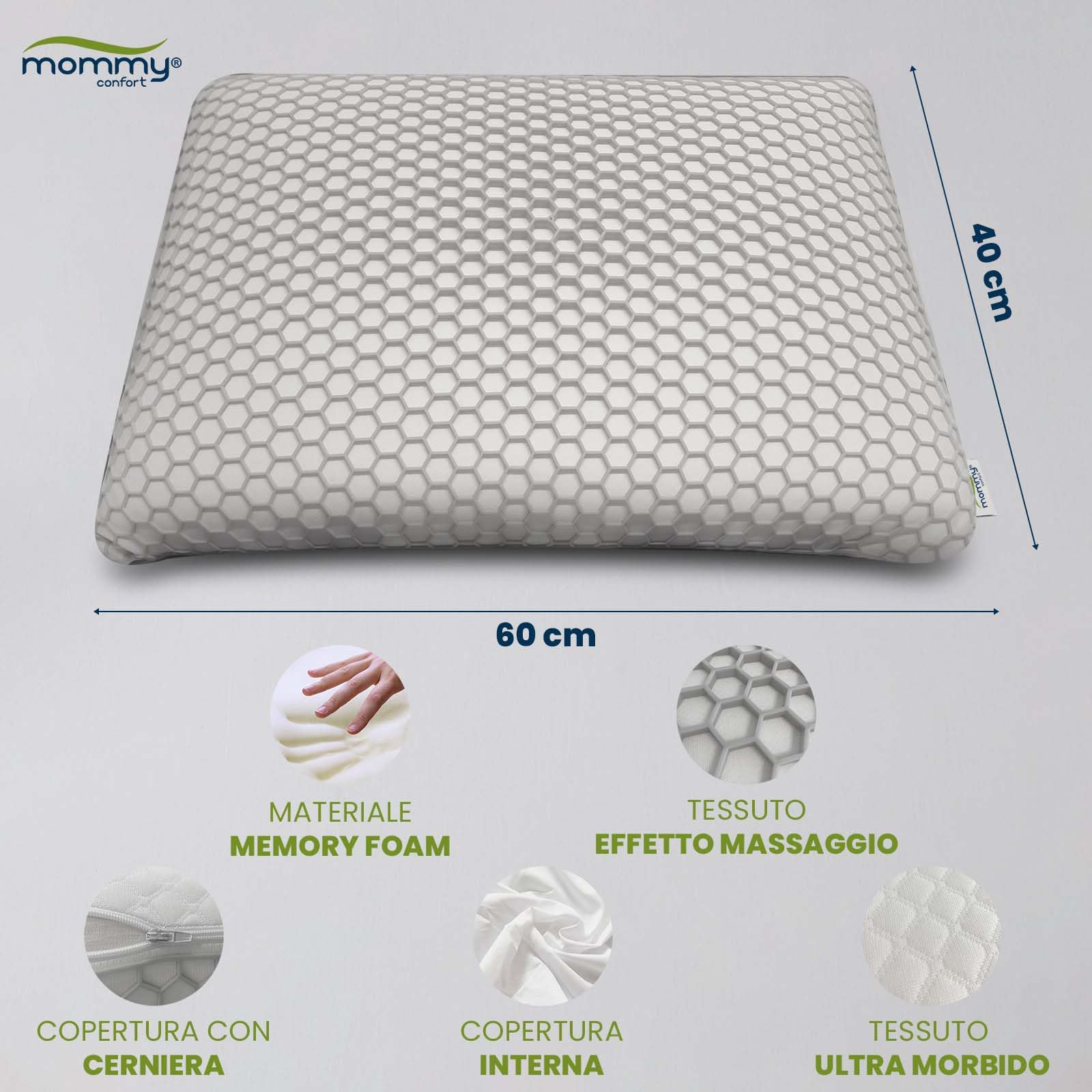 Cuscino Cervicale Viscoelastico Memory Foam 60x40 – Nucleo 100% Visco ad Alta Densità – Federa TPE 4D a Nido Effetto Massaggio – Allevia Dolori Cervicali – Fodera Rimovibile Lavabile