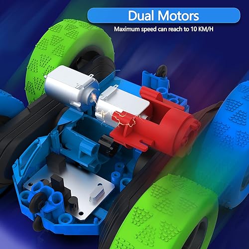 Vista 10 de Auto de control remoto para niños, auto de acrobacias RC giratorio de 360°, vehículo eléctrico 4WD de doble cara con luces LED, autos de juguete